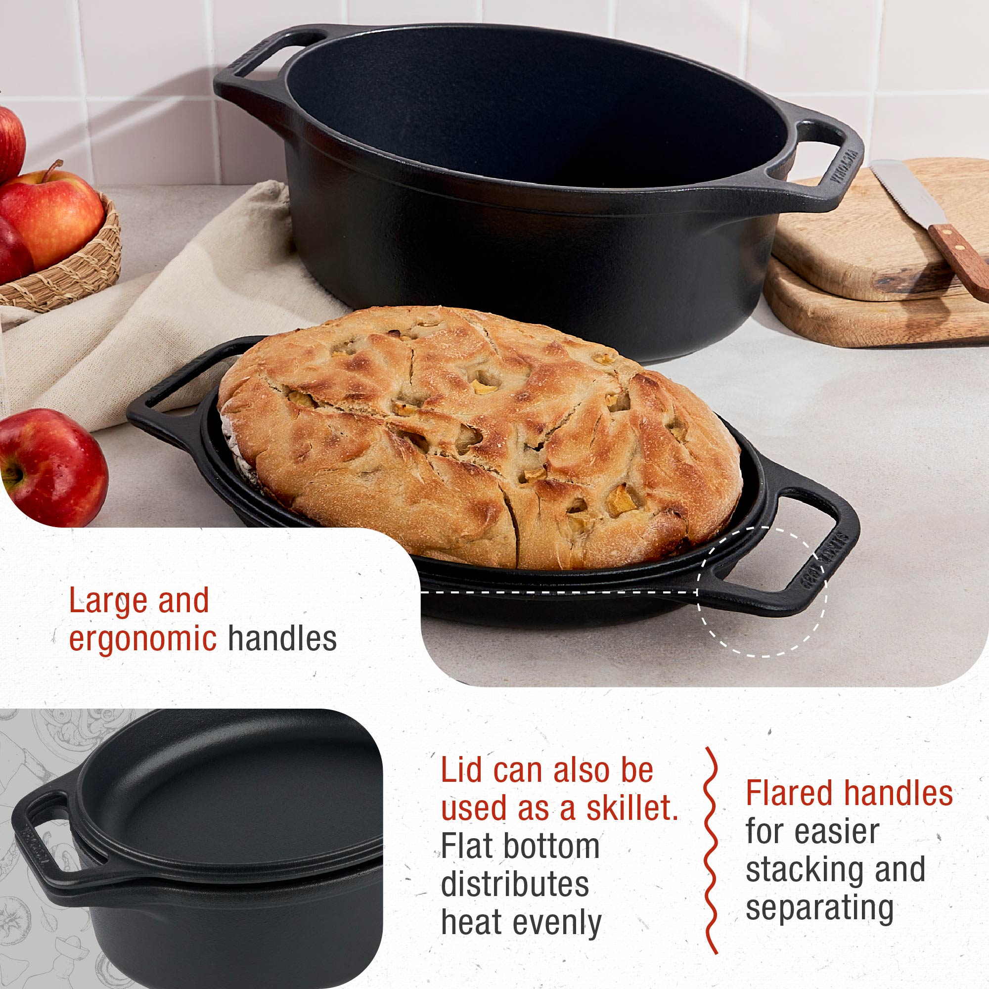 Utensilios de cocina de hierro fundido negro con pan, manzanas y tablas de madera. Cuenta con asas ensanchadas y fondo plano.