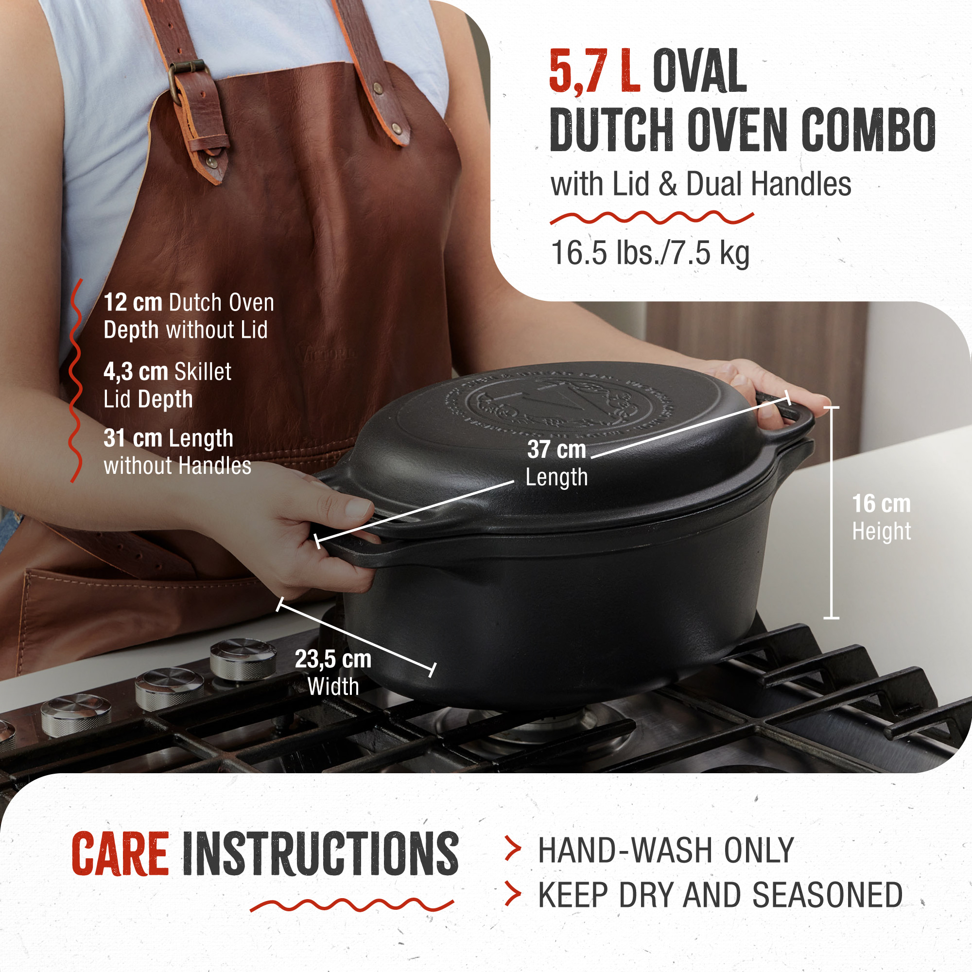 Una olla holandesa negra con tapa en una estufa. Se muestran las dimensiones e instrucciones de cuidado. Una persona usa un delantal marrón.