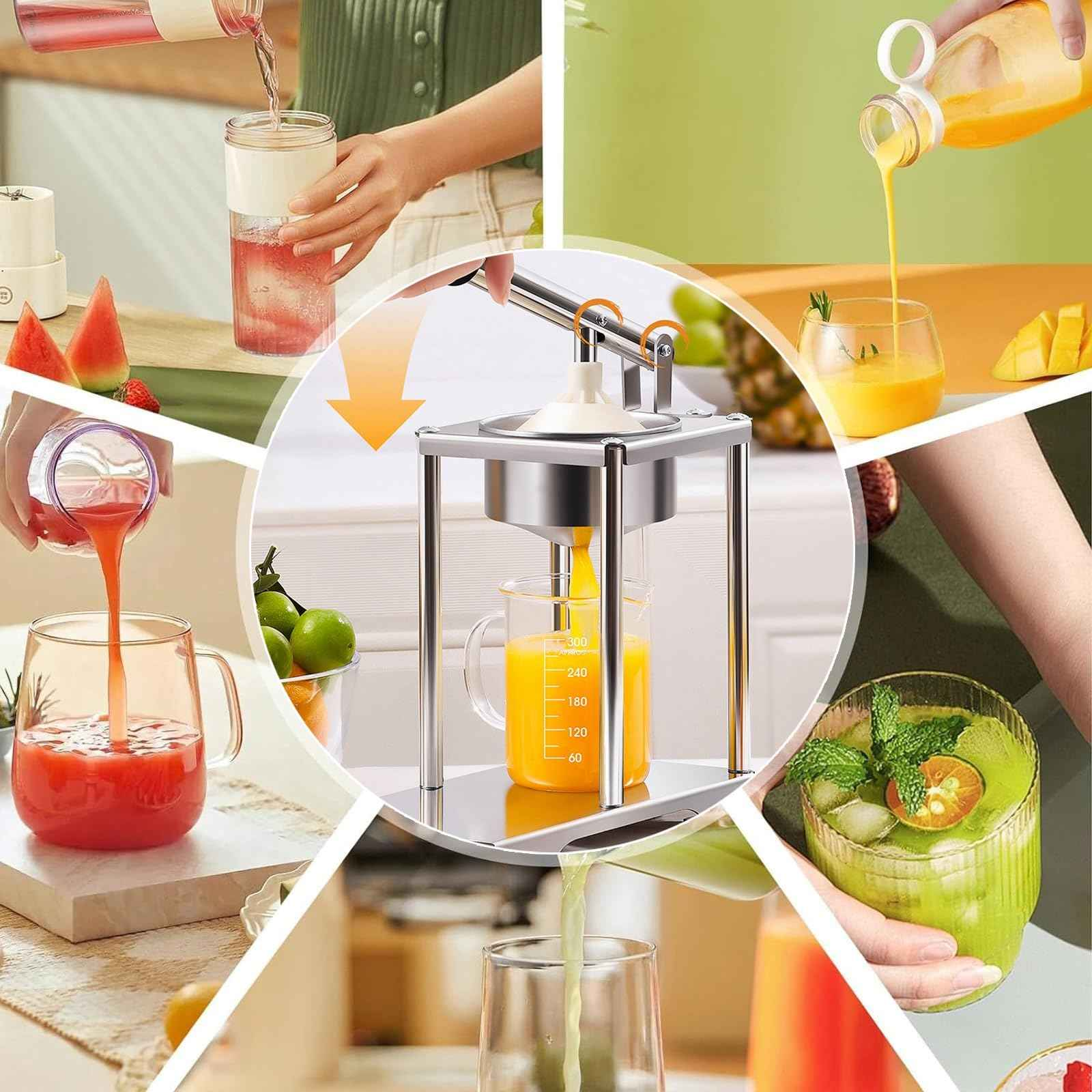 Das Bild zeigt, wie Saft in Gläser gegossen wird. Auch Früchte und Entsafter sind zu sehen. Verschiedene Getränke werden hergestellt.