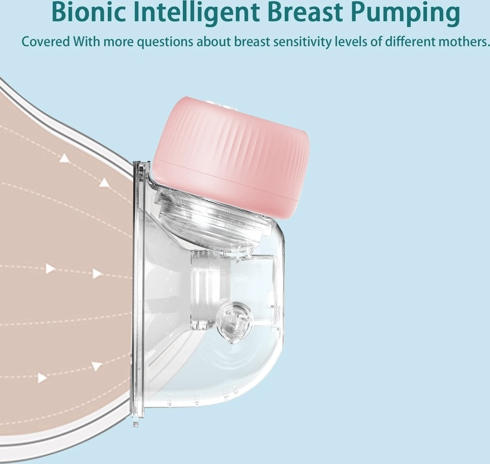 Eine Brustpumpe mit rosa Oberteil und durchsichtigem Behälter vor blauem Hintergrund. Der Titel lautet 'Bionic Intelligent'.