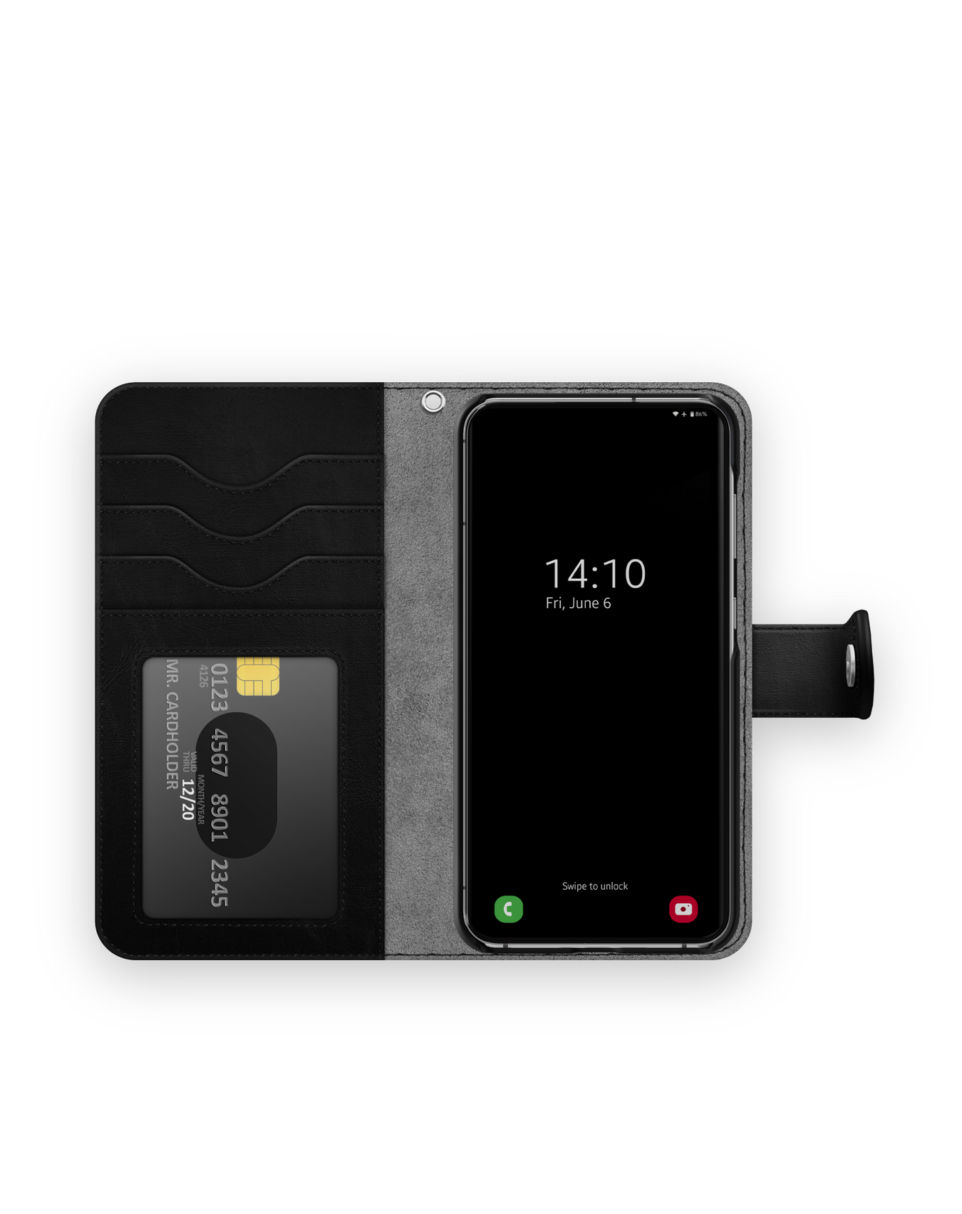 Ein Telefon in einer schwarzen Geldbörsenhülle. Der Telefonbildschirm zeigt die Uhrzeit an. Eine Kreditkarte ist in der Hülle sichtbar.