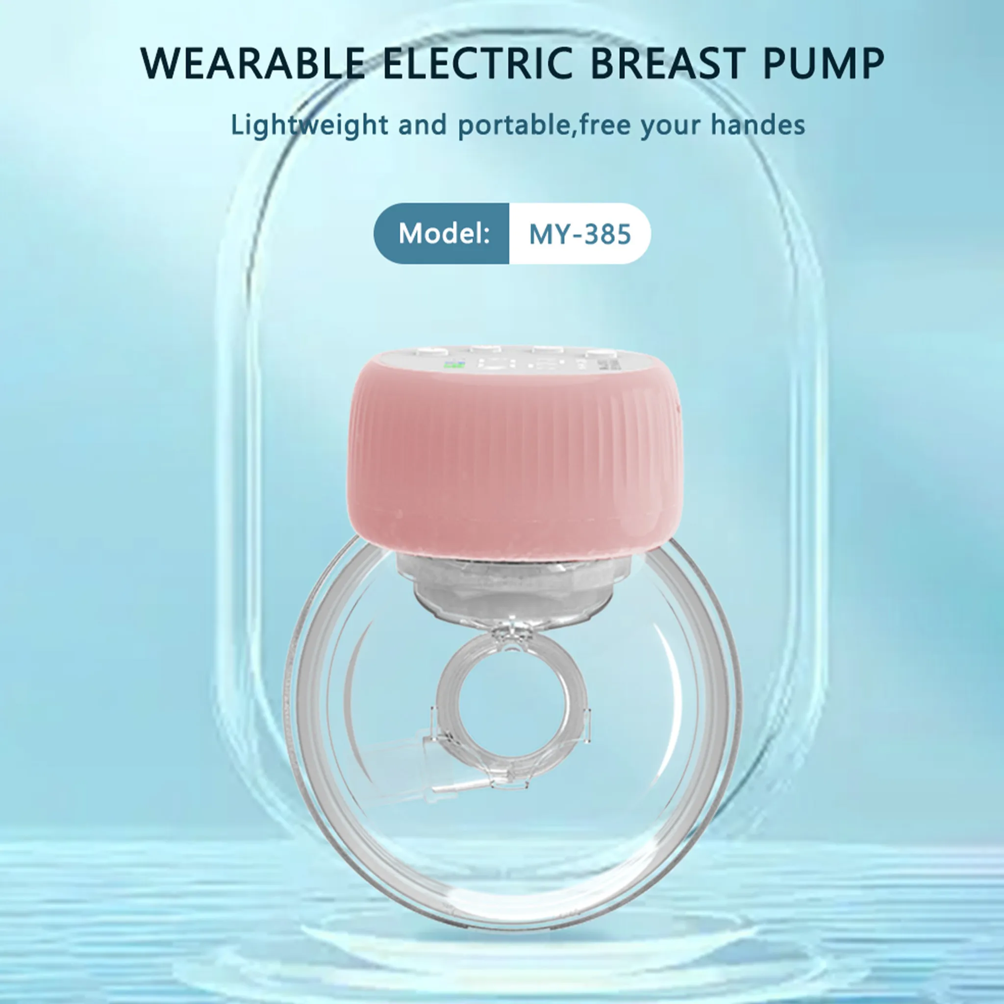 Eine tragbare elektrische Brustpumpe mit rosa Oberteil und durchsichtigem Auffangbecher. Der Hintergrund ist hellblau.