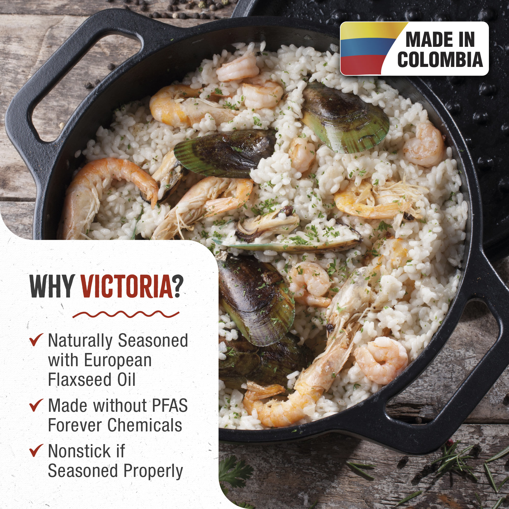 Una sartén de paella de mariscos con camarones y mejillones. Las palabras 'MADE IN COLOMBIA' son visibles.