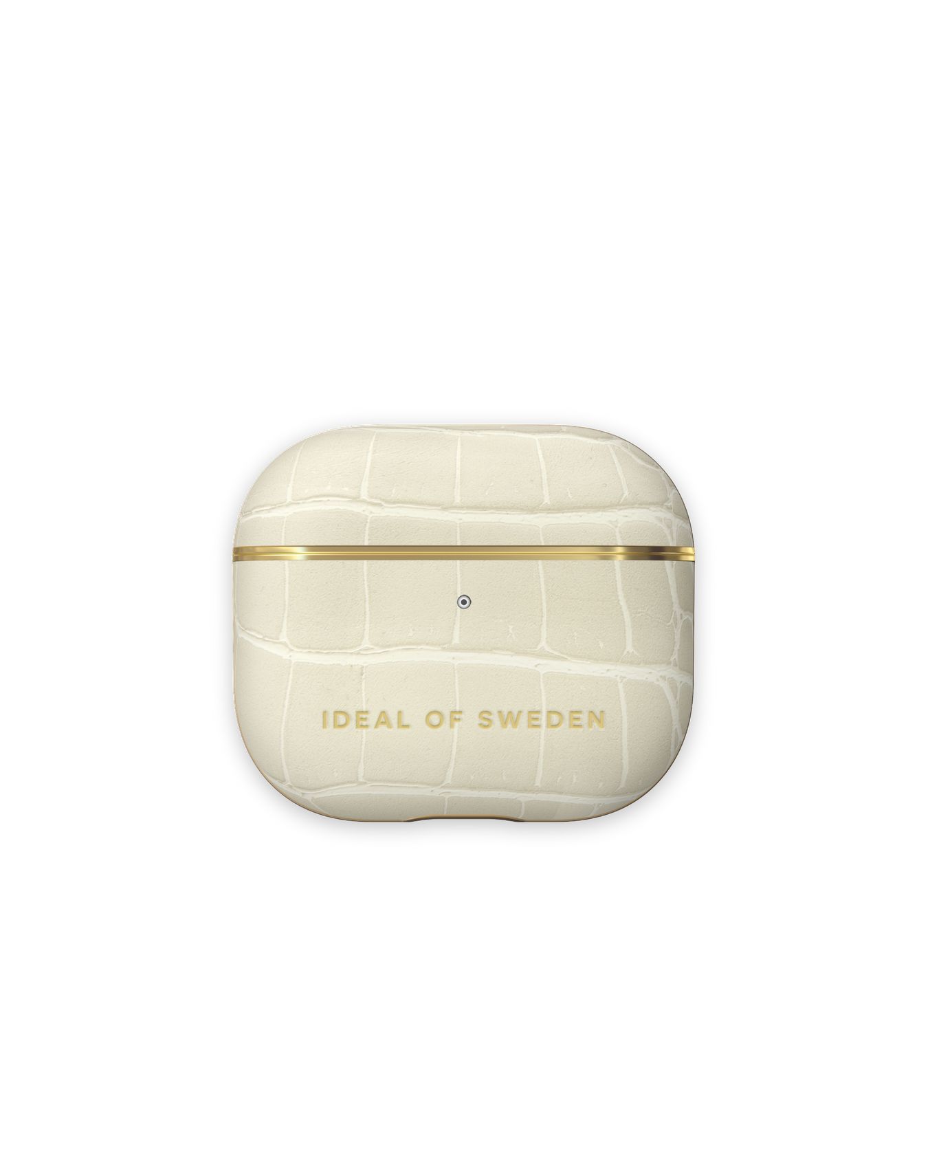 Cremefarbenes AirPods-Etui mit goldenem Besatz. Das Etui hat eine Krokodilhautstruktur und den Markennamen 'IDEAL OF SWEDEN'.