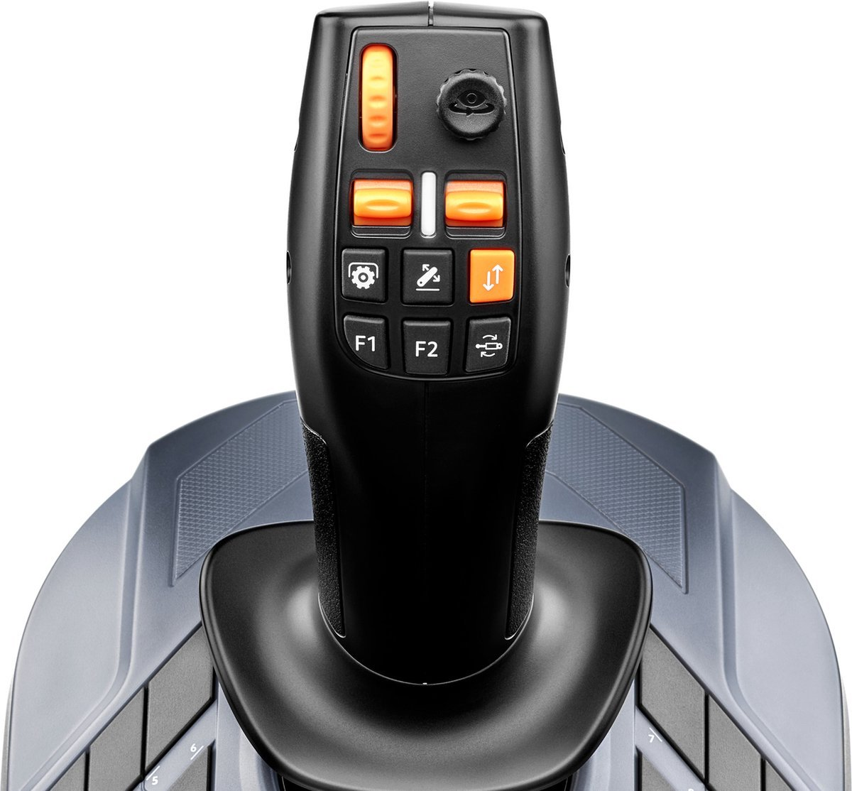 Close-up van een zwarte joystick met oranje knoppen en een grijze basis. Knoppen met de labels F1, F2 en andere met symbolen zijn zichtbaar.