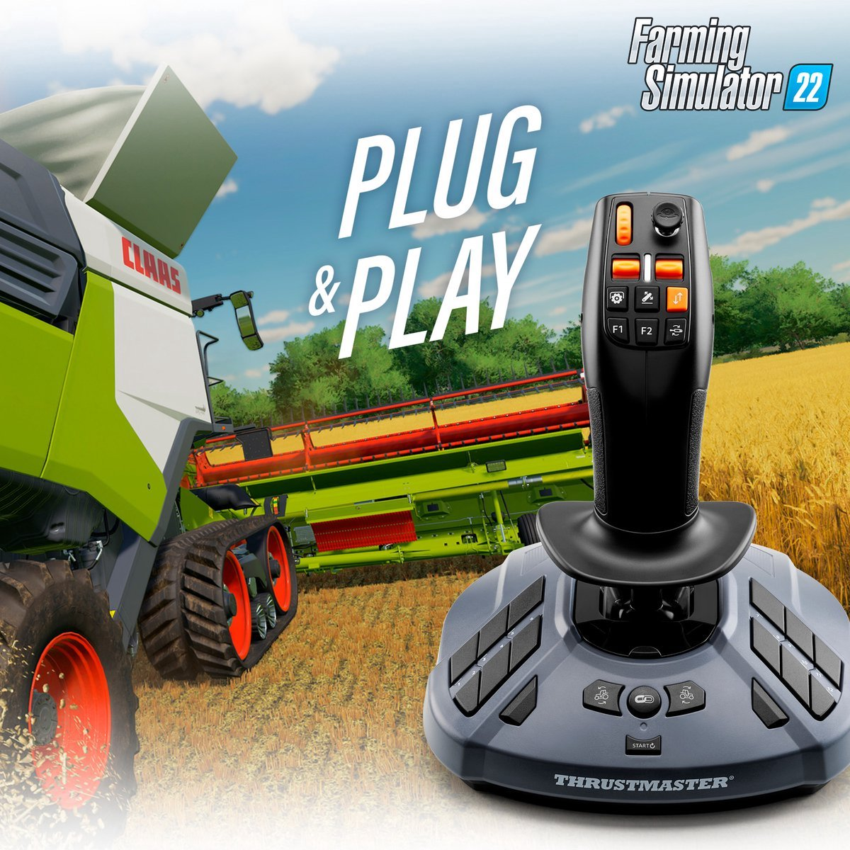 Een combine en een joystick met de woorden 'Plug & Play' en 'Farming Simulator 22' op de achtergrond.