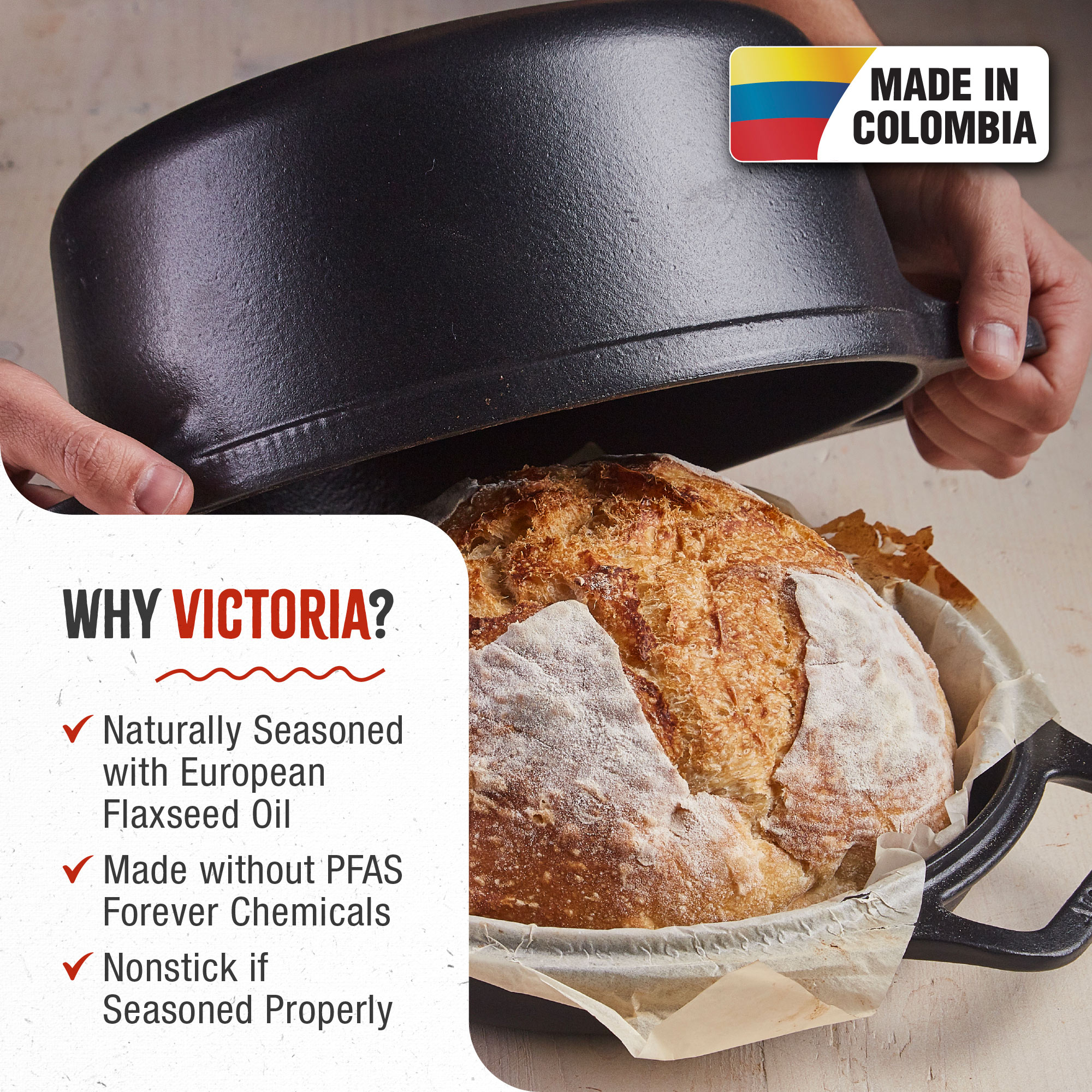 Un pan está en una olla de hierro fundido negra. El texto dice: "¿Por qué Victoria?" y "Hecho en Colombia".