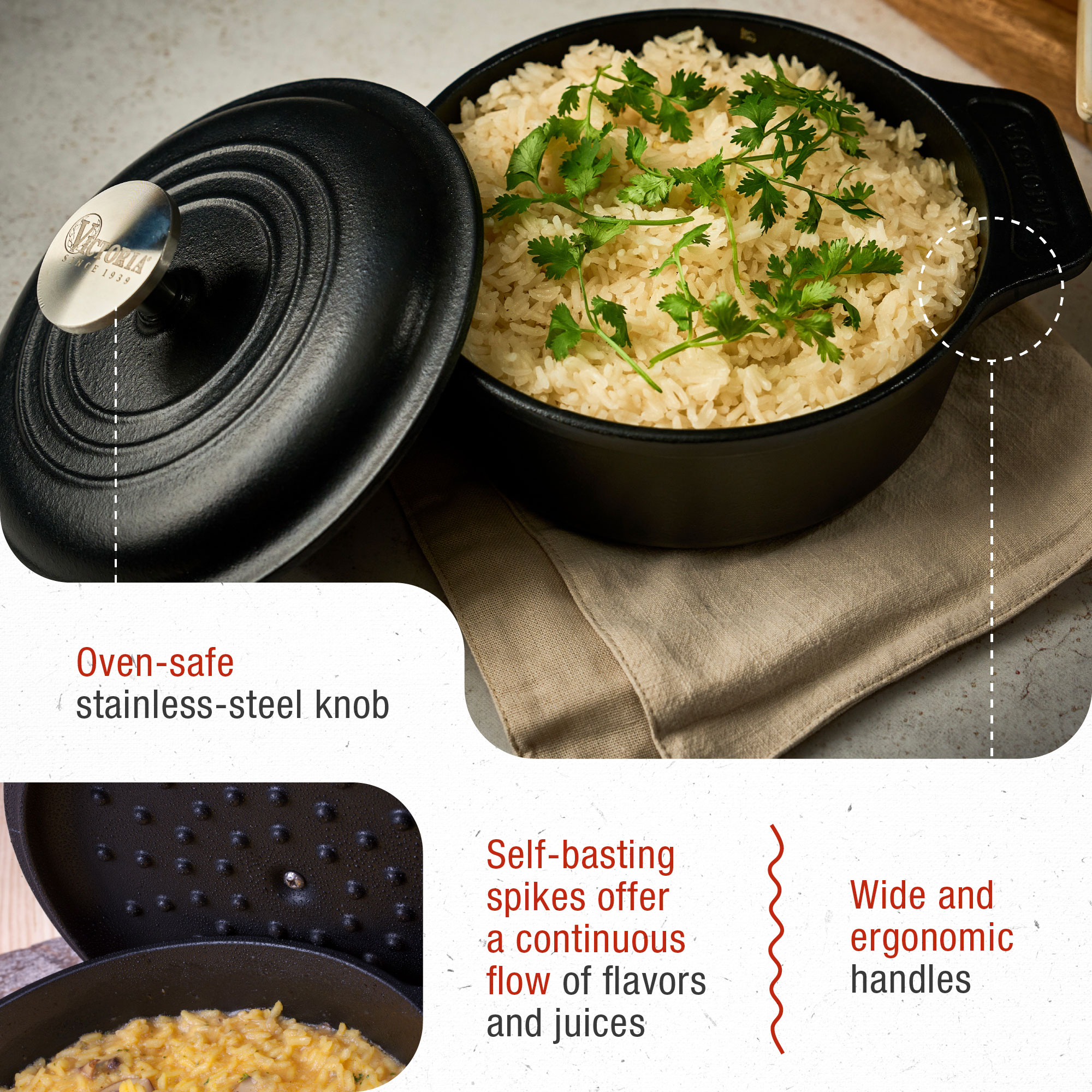 Olla de hierro fundido negra con arroz y cilantro. Pomo de acero inoxidable. Una servilleta beige debajo.