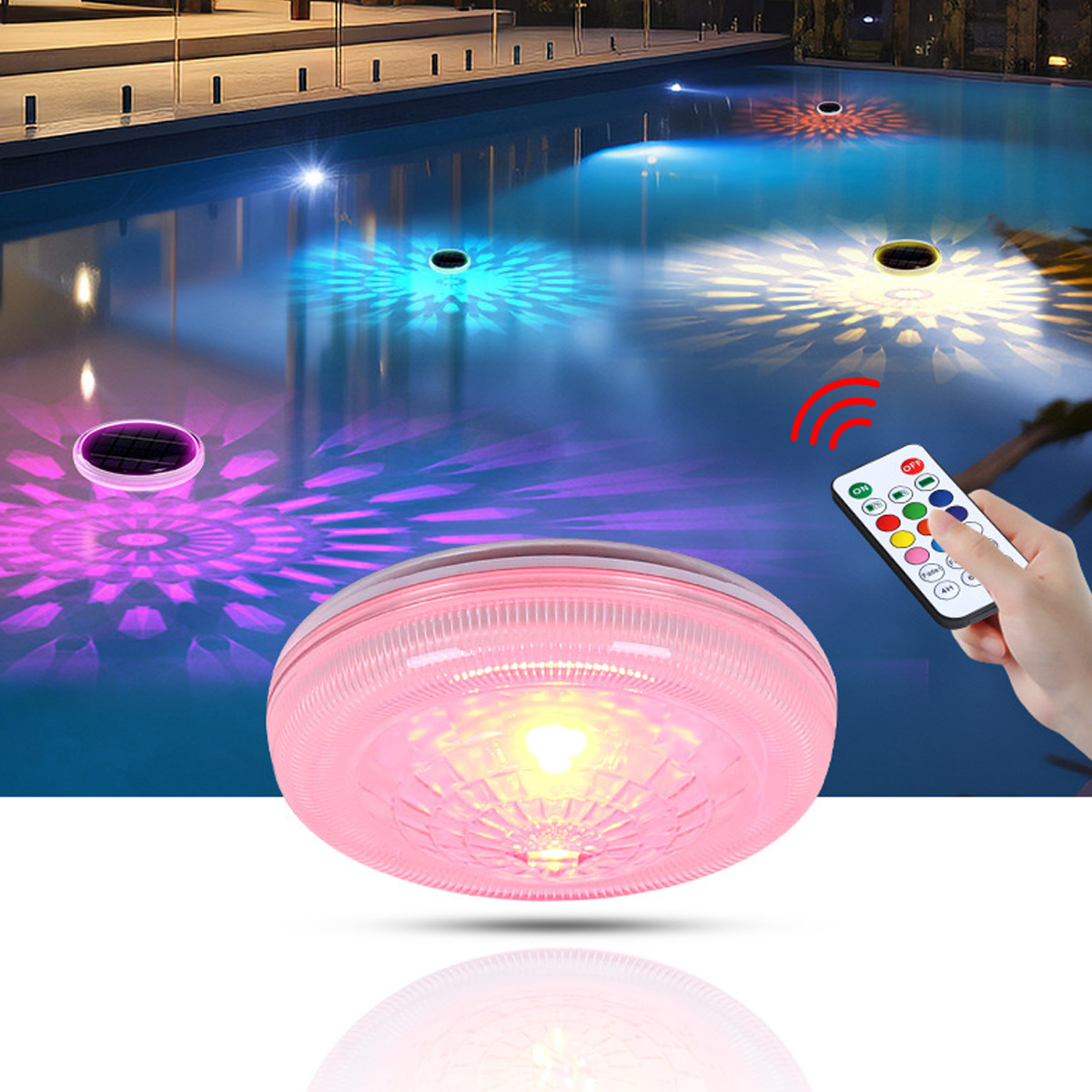 Ein Pool mit bunten Lichtern unter Wasser. Eine Hand hält eine Fernbedienung. Ein rosa Licht befindet sich im Vordergrund.