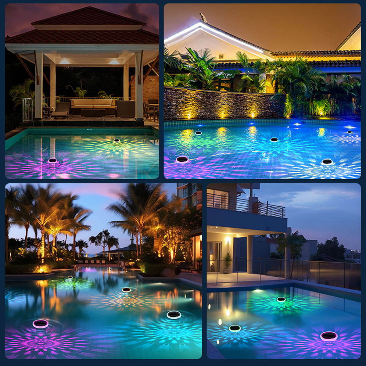 Pools mit bunten Unterwasserlichtern. Pavillon, Gebäude und Palmen umgeben die Pools. Nachtszene mit lebendiger Beleuchtung.