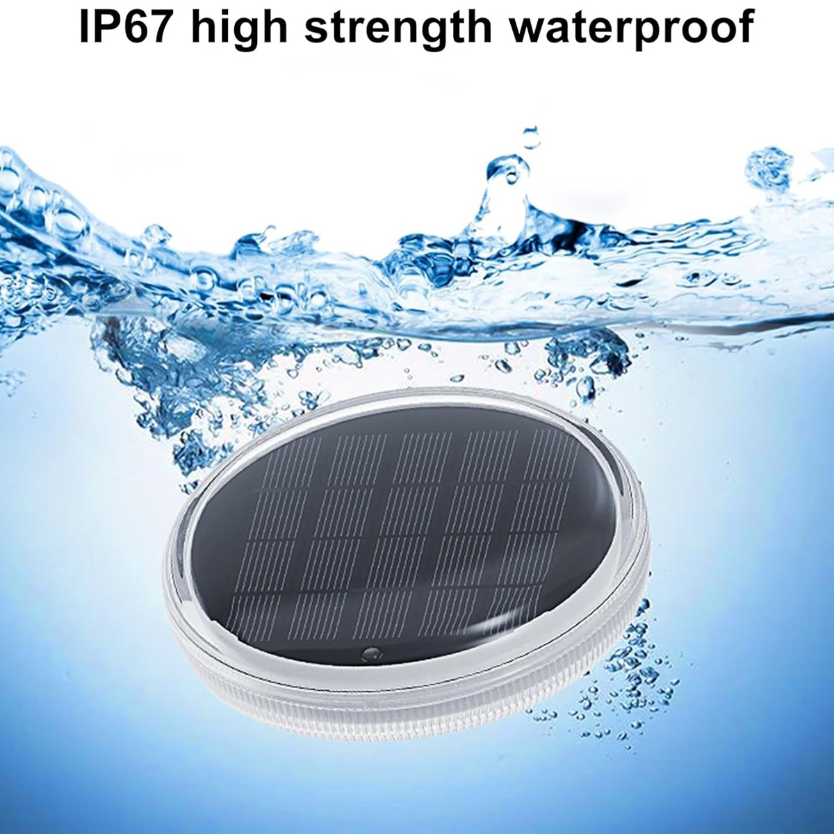 Ein ovales, wasserdichtes Gerät mit Solarpanel schwimmt im Wasser. Wasser spritzt herum. Der Text oben lautet: IP67 hochfest wasserdicht.