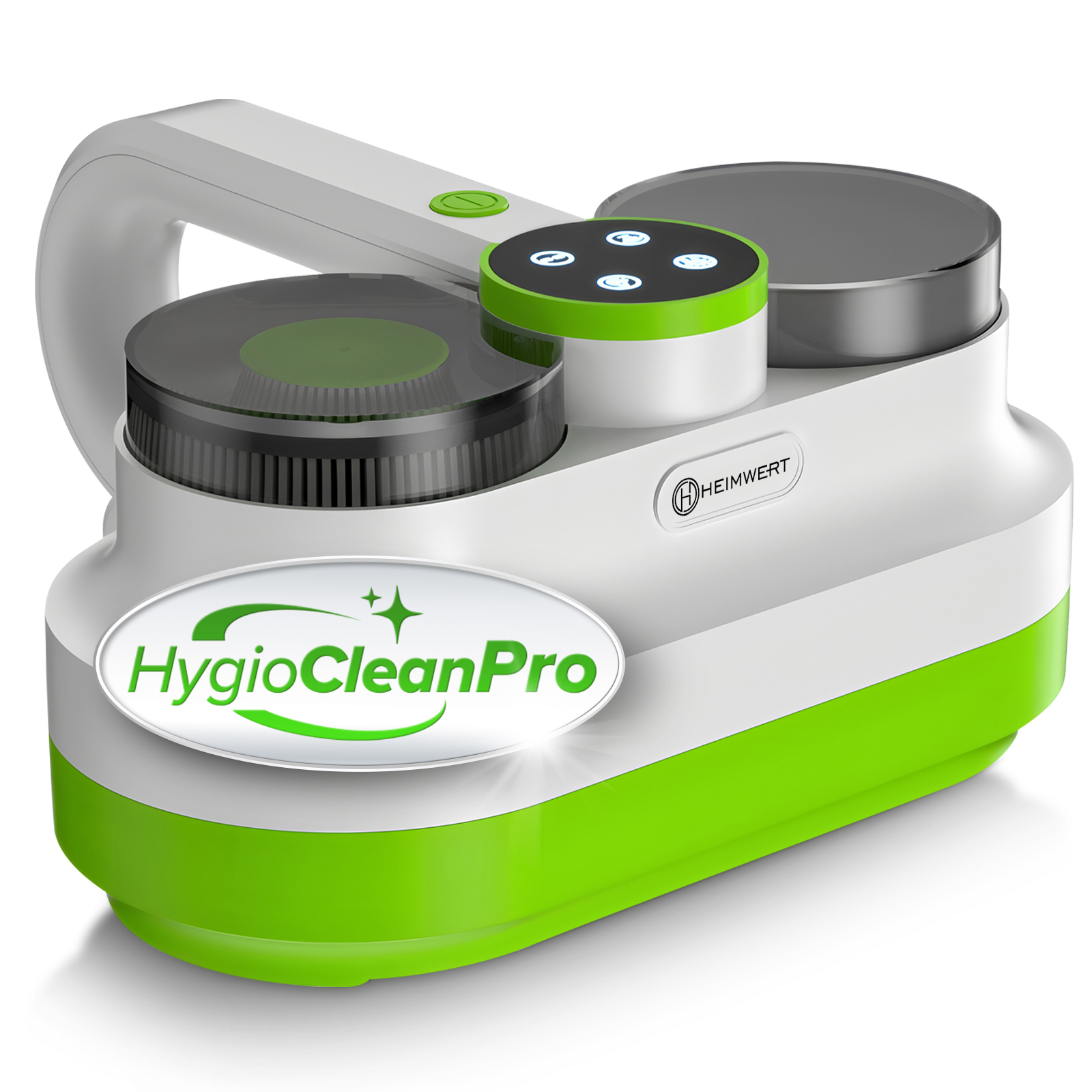 Ein weiß-grünes HygioCleanPro-Gerät. Es hat einen Griff, Knöpfe und ein Logo. Oben befinden sich zwei kreisförmige Abschnitte.