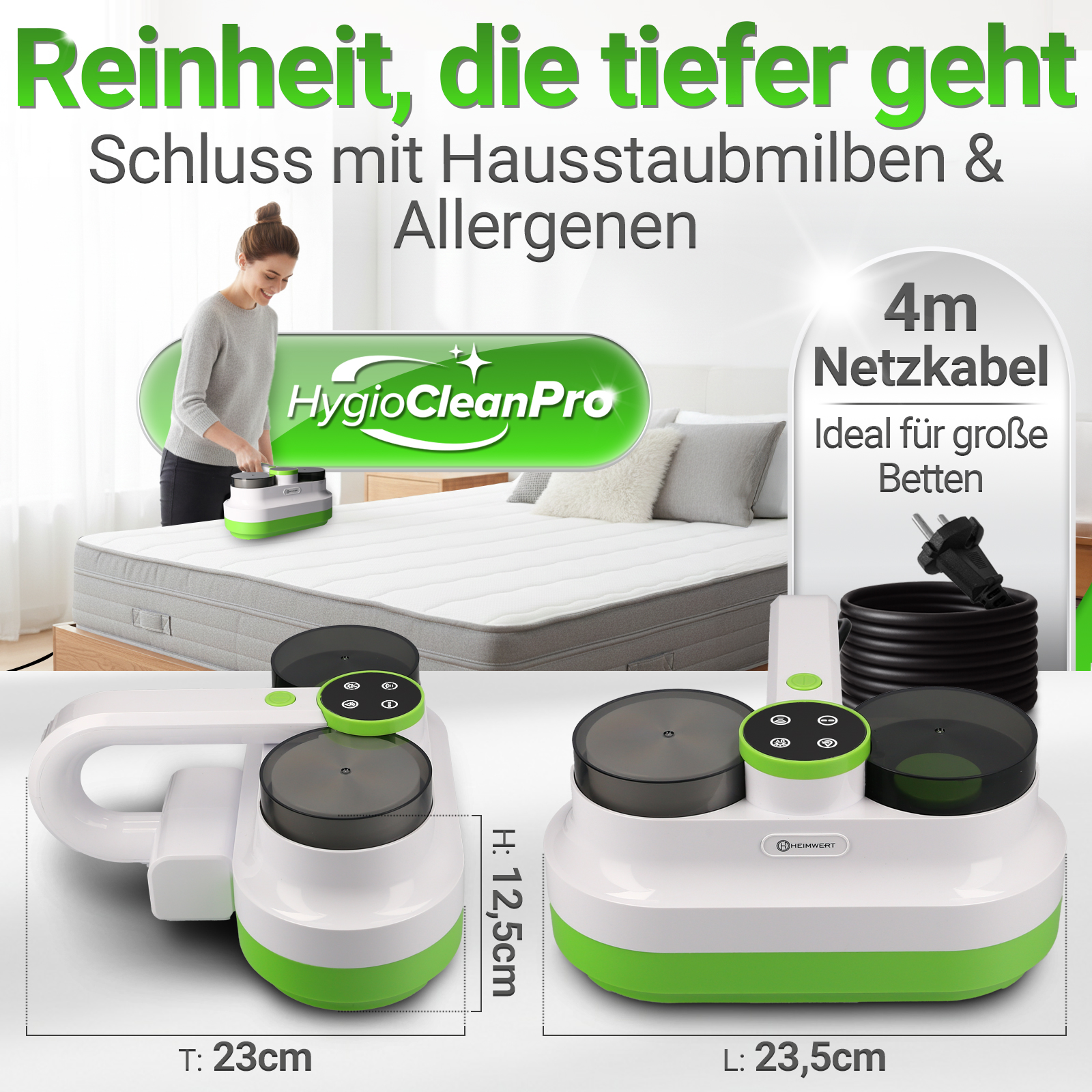 Eine Frau benutzt ein weißes und grünes Gerät auf einem Bett. Text erwähnt Hausstaubmilben und Allergene. Produktabmessungen werden angezeigt.