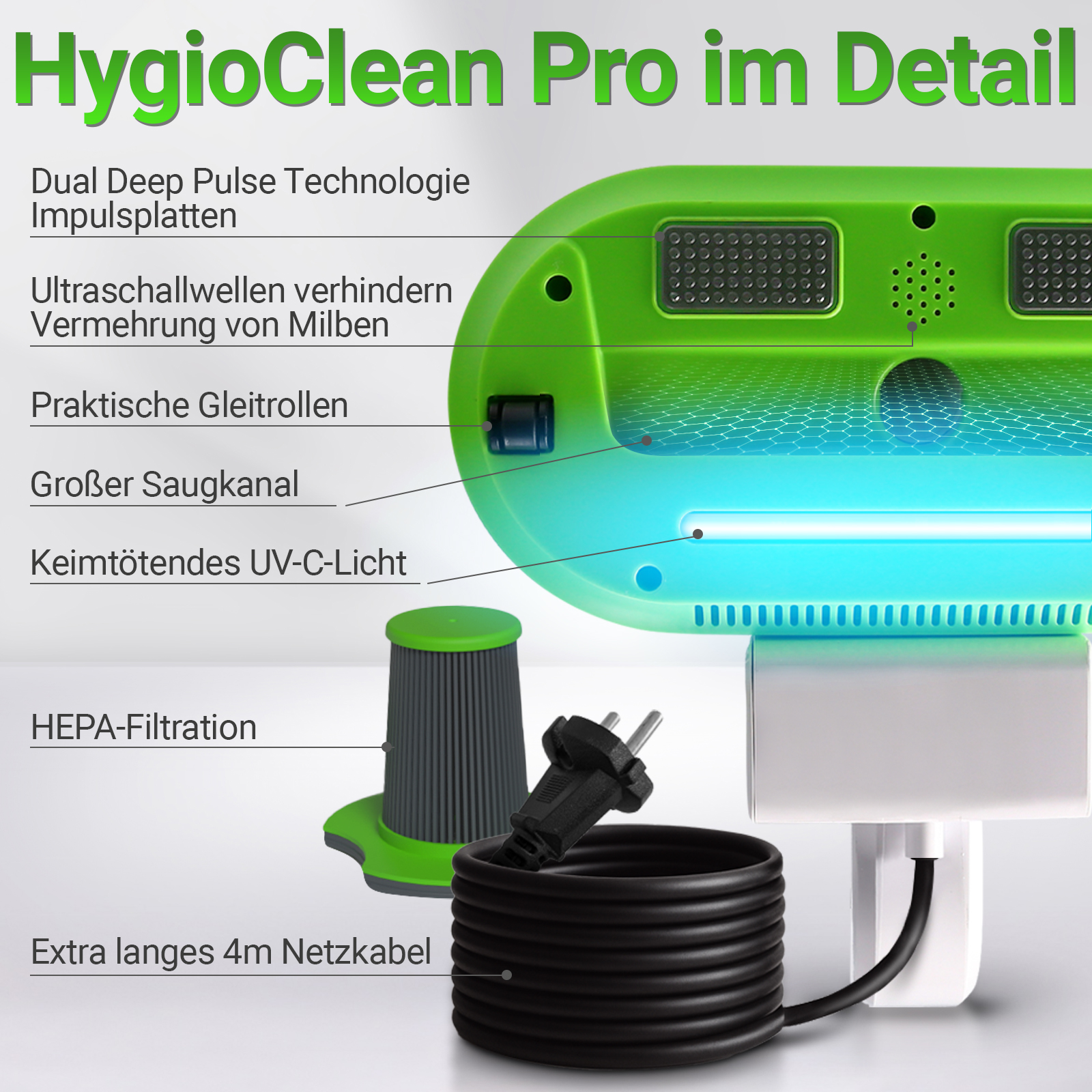 Grüner und weißer Staubsauger mit schwarzem Netzkabel. Merkmale sind HEPA-Filter, UV-C-Licht und ein langes Netzkabel.