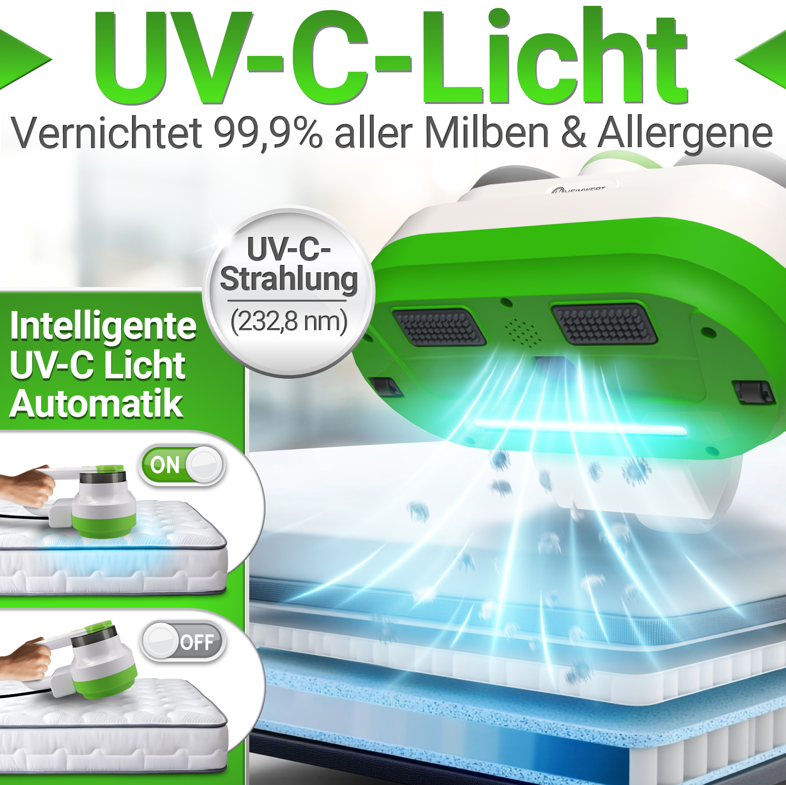 Grünes und weißes UV-C-Lichtgerät reinigt eine Matratze. Text: UV-C Licht, eliminiert Milben und Allergene.