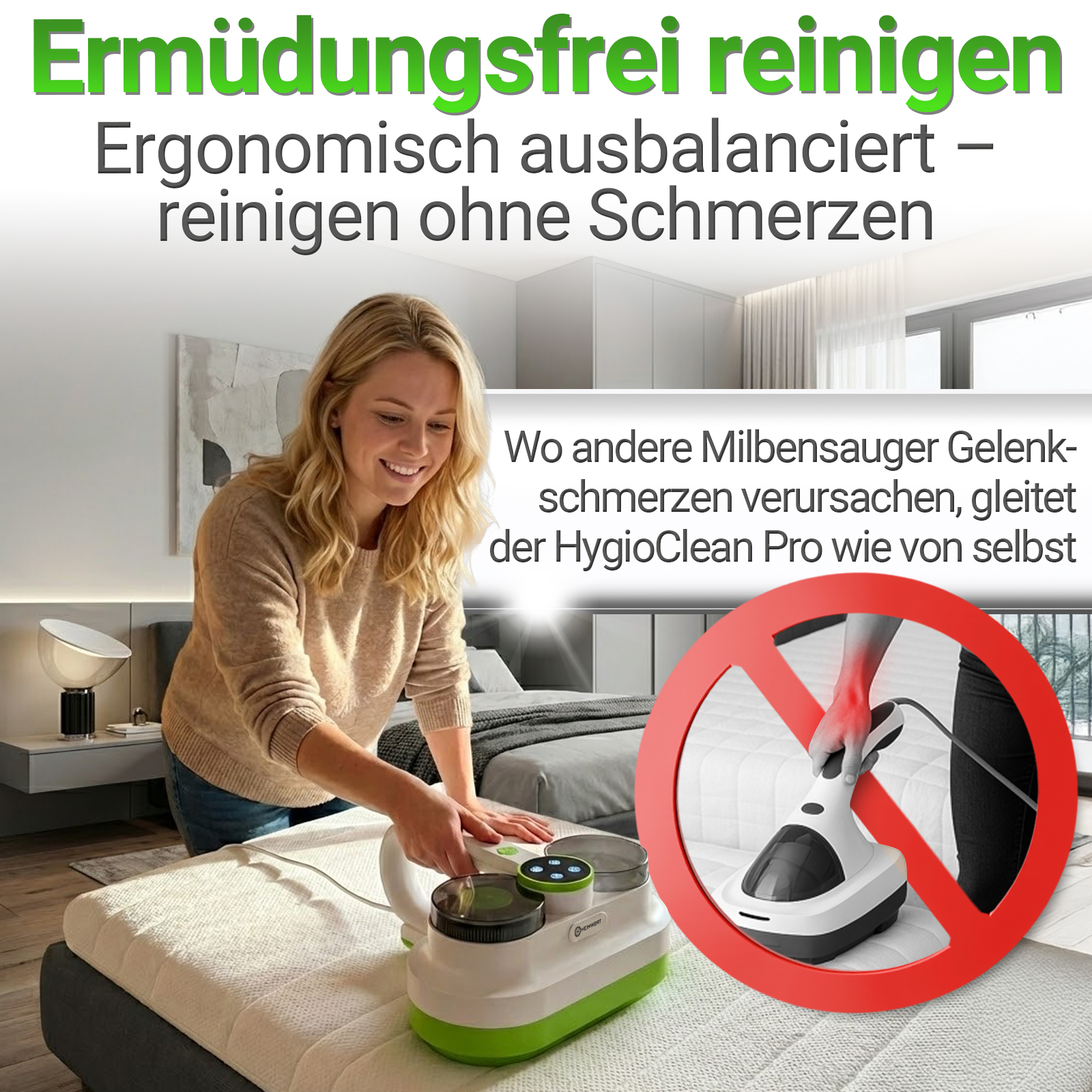 Eine Frau benutzt einen weißen und grünen Reiniger auf einem Bett. Ein rotes Verbotszeichen zeigt eine Hand, die einen anderen Reiniger benutzt, mit Schmerzen.