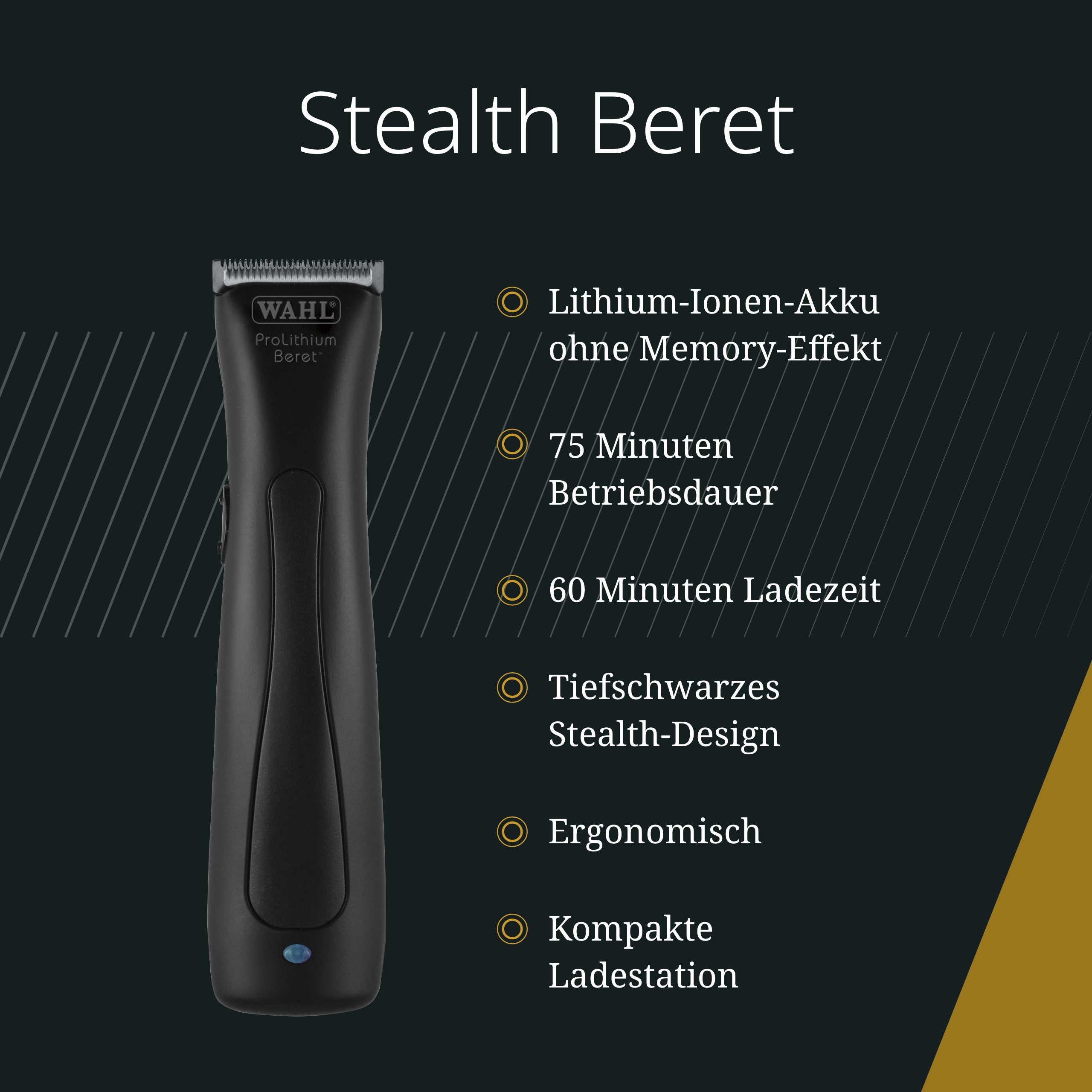 Schwarzer Wahl Prolithium Beret Trimmer auf dunklem Hintergrund. Text hebt Funktionen wie Akku und Design hervor.
