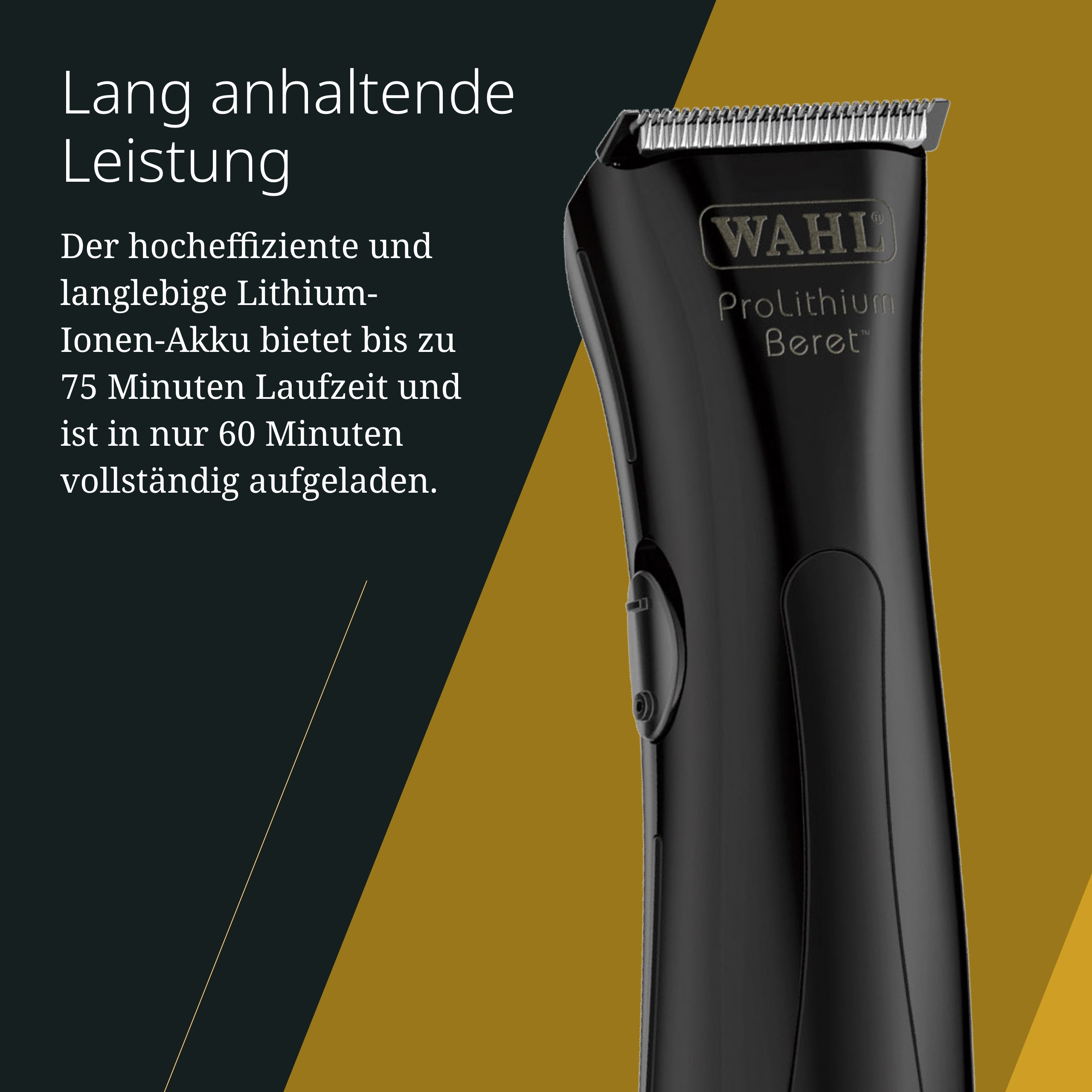 Schwarzer Wahl ProLithium Beret Haarschneider auf goldenem und dunkelgrünem Hintergrund. Text über die Akkulaufzeit sichtbar.
