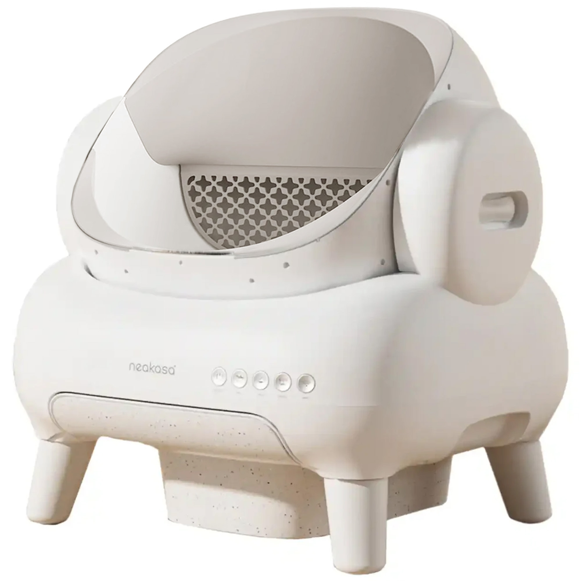 Biała, nowoczesna kuweta dla kota o zaokrąglonym kształcie. Ma wzorzysty przód, przyciski sterowania i stoi na nóżkach.