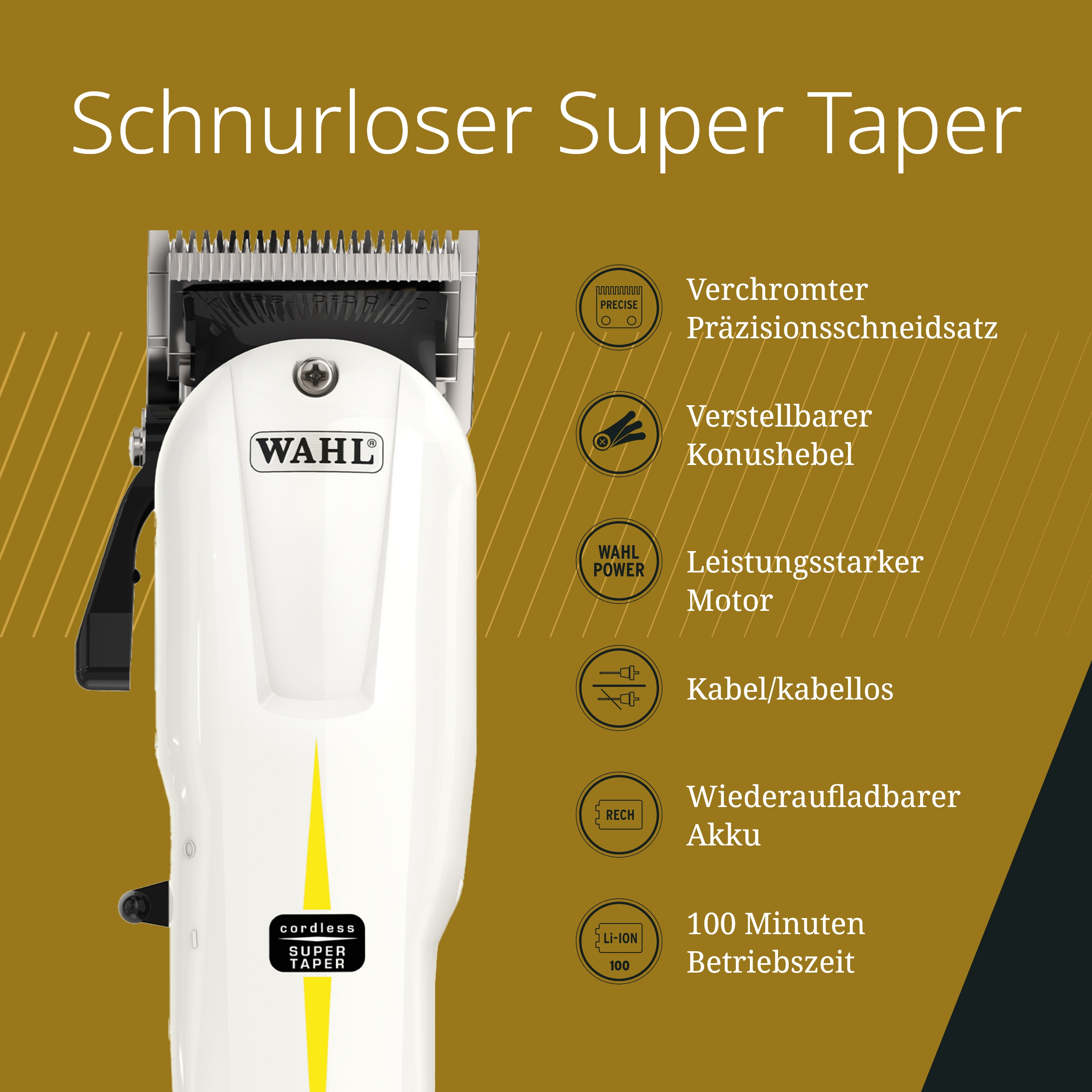 Ein weiß-schwarzer Wahl Super Taper Clipper, schnurlos, mit Funktionen auf Deutsch, vor goldenem Hintergrund.