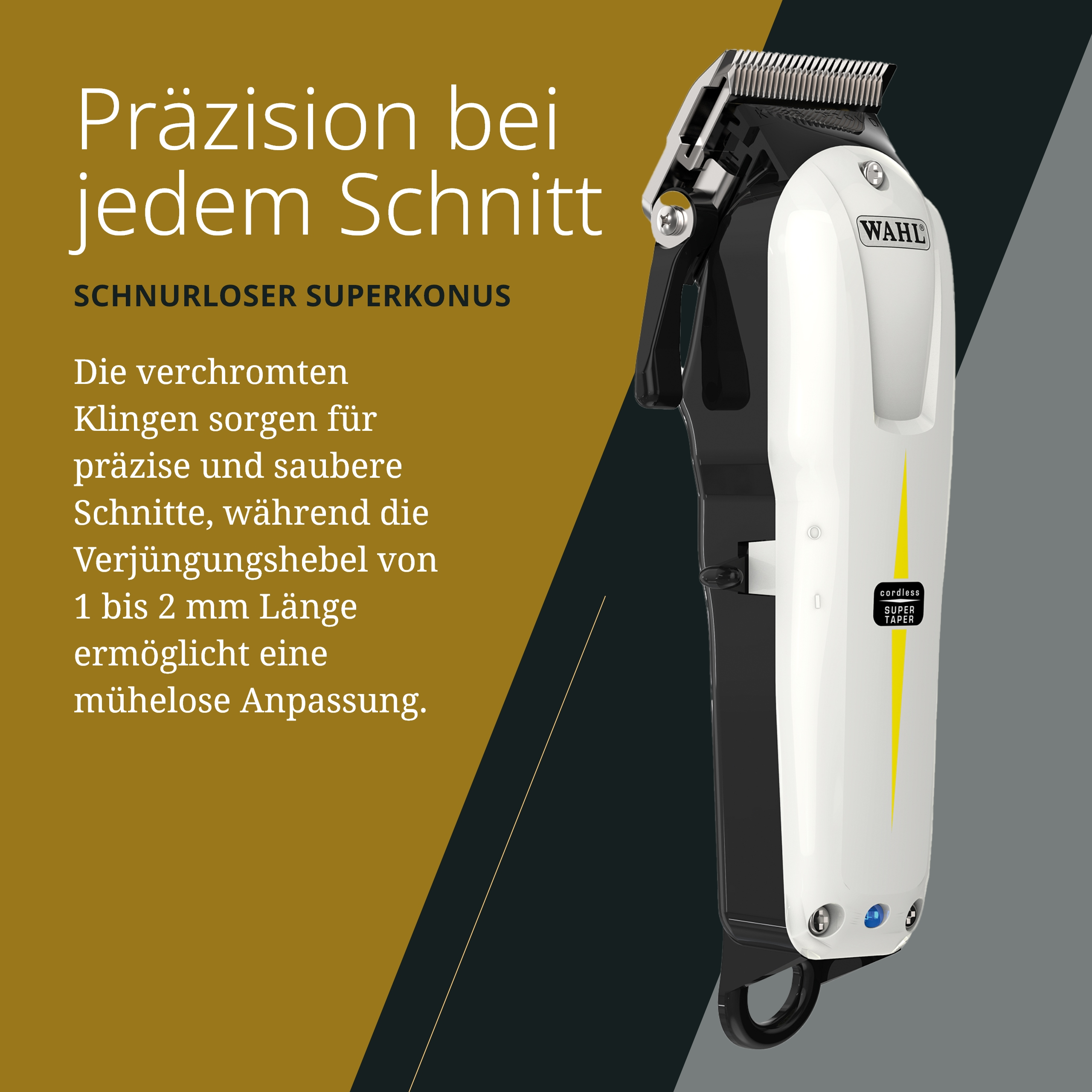 Ein weißer und schwarzer Wahl-Haarschneider wird vor einem goldenen und schwarzen Hintergrund gezeigt. Text auf Deutsch ist ebenfalls vorhanden.