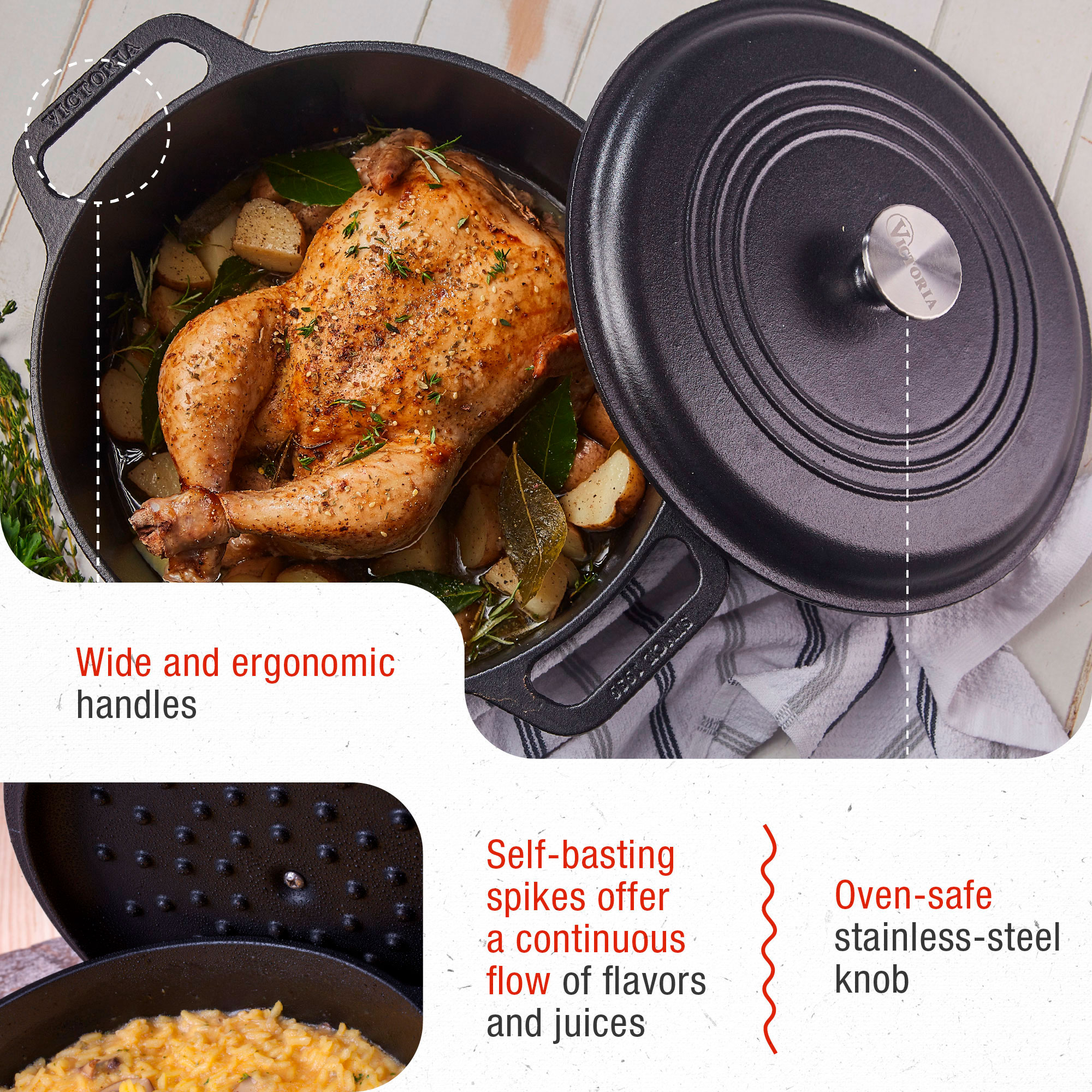 Una olla de hierro fundido con un pollo asado dentro. La tapa está abierta. Se ven asas anchas y un pomo de acero inoxidable.