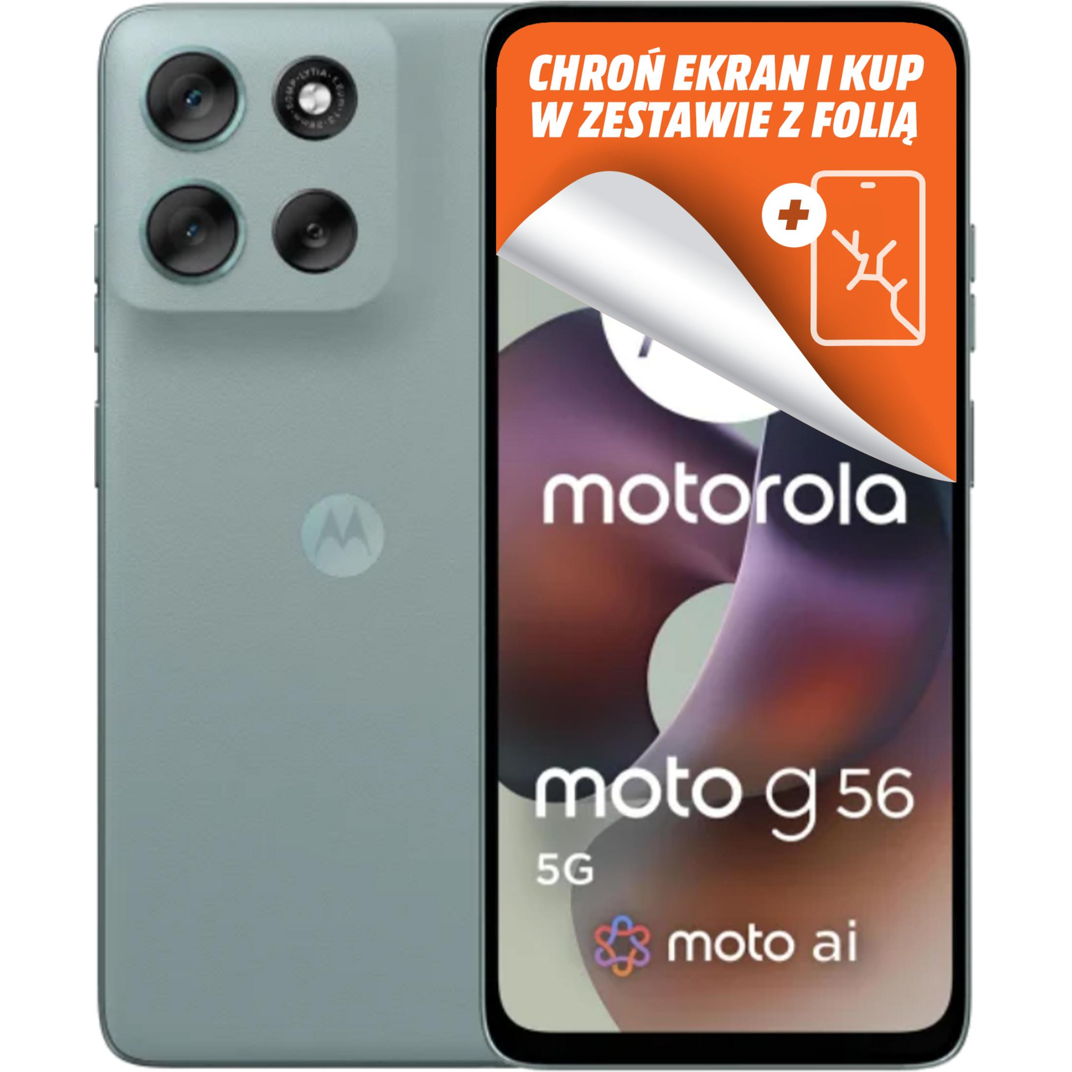 Smartfon Motorola, Moto G56, z ofertą ochrony ekranu. Telefon jest jasnozielony. Pomarańczowy baner: chroń ekran.