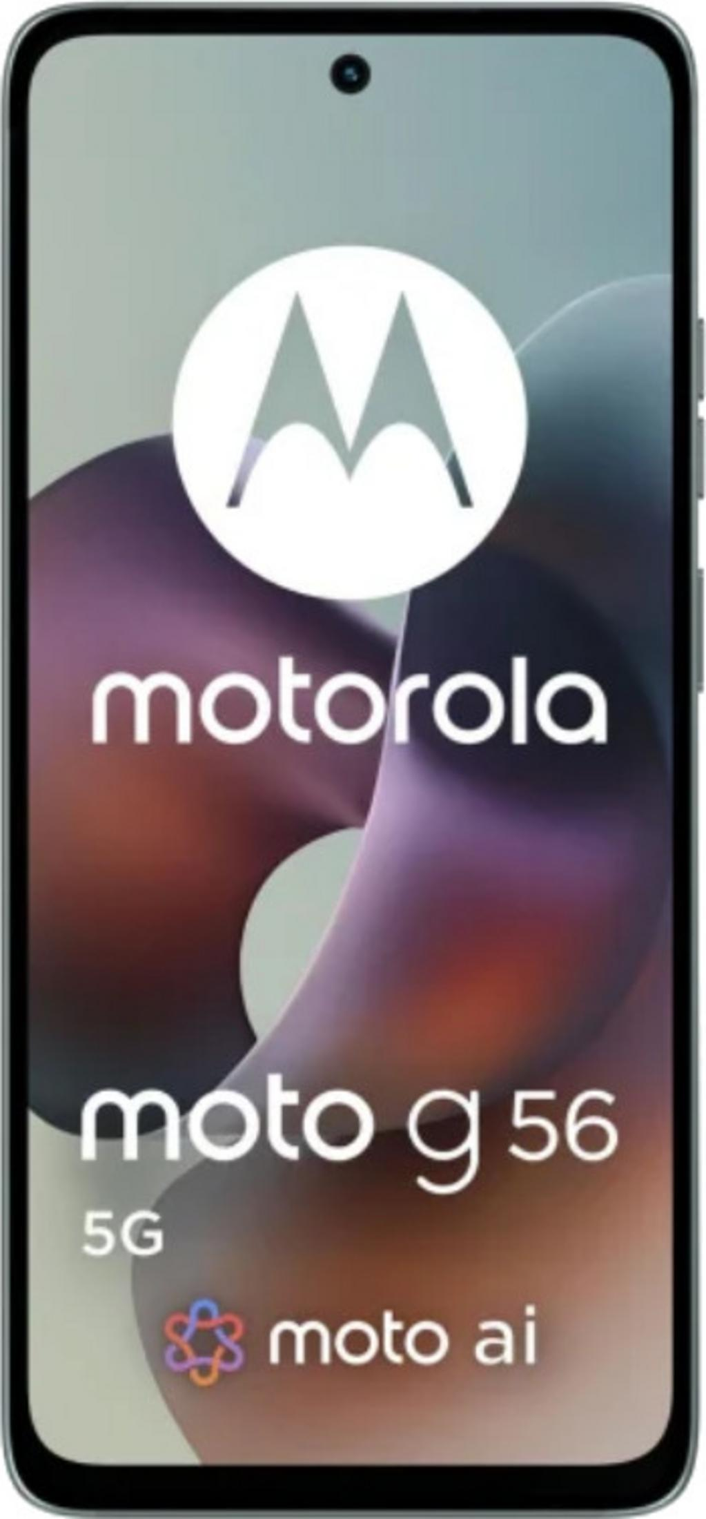 Smartfon Motorola wyświetla logo marki i tekst 'moto g 56 5G', z fioletowo-brązowym gradientem w tle.