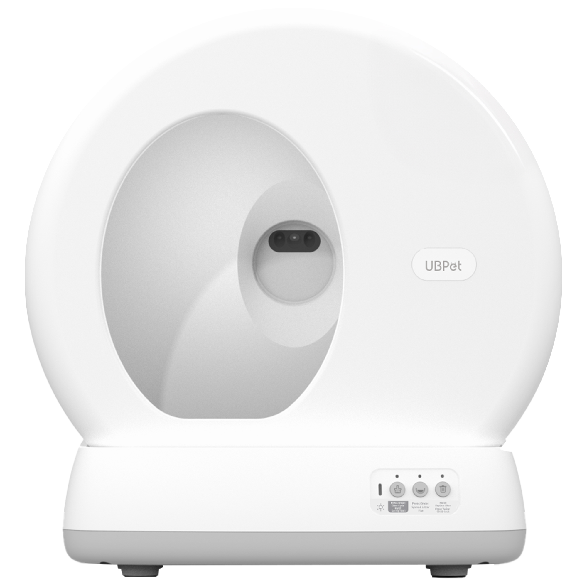 Białe urządzenie UBPet. Ma okrągłą górę, owalny otwór i podstawę z przyciskami. Urządzenie jest przeznaczone dla zwierząt domowych.