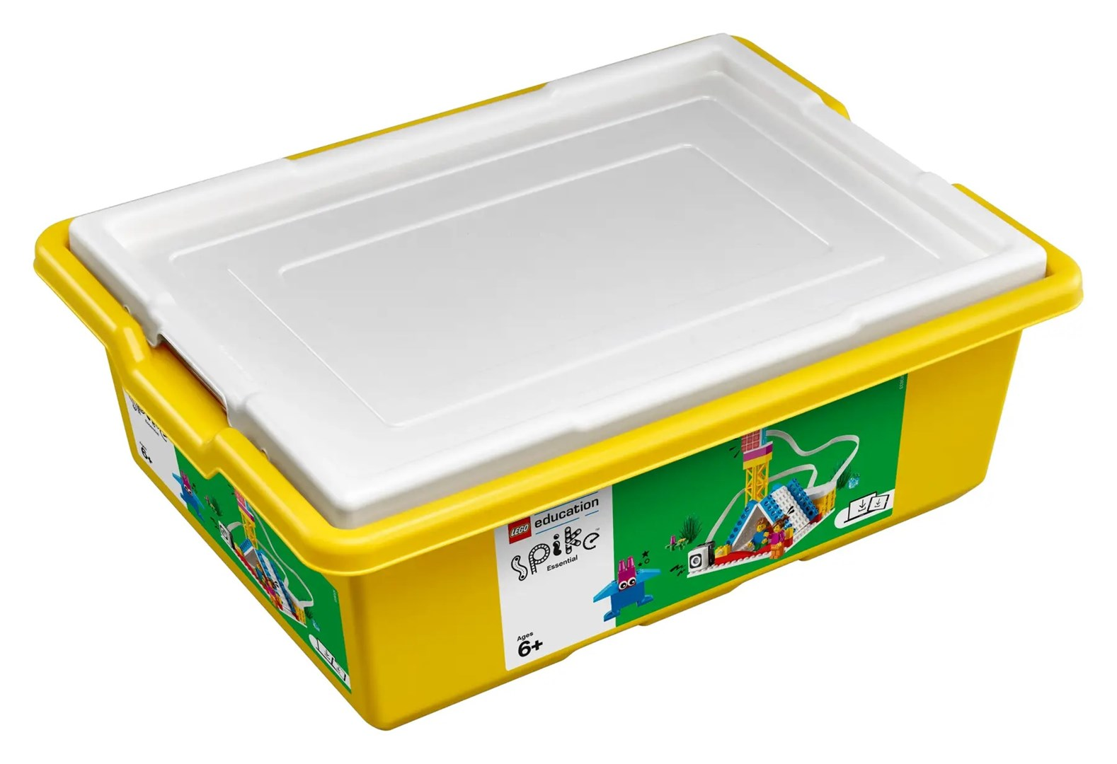 Żółte pudełko LEGO Education Spike Essential z białą pokrywą. Pudełko ma zieloną naklejkę z figurkami LEGO.