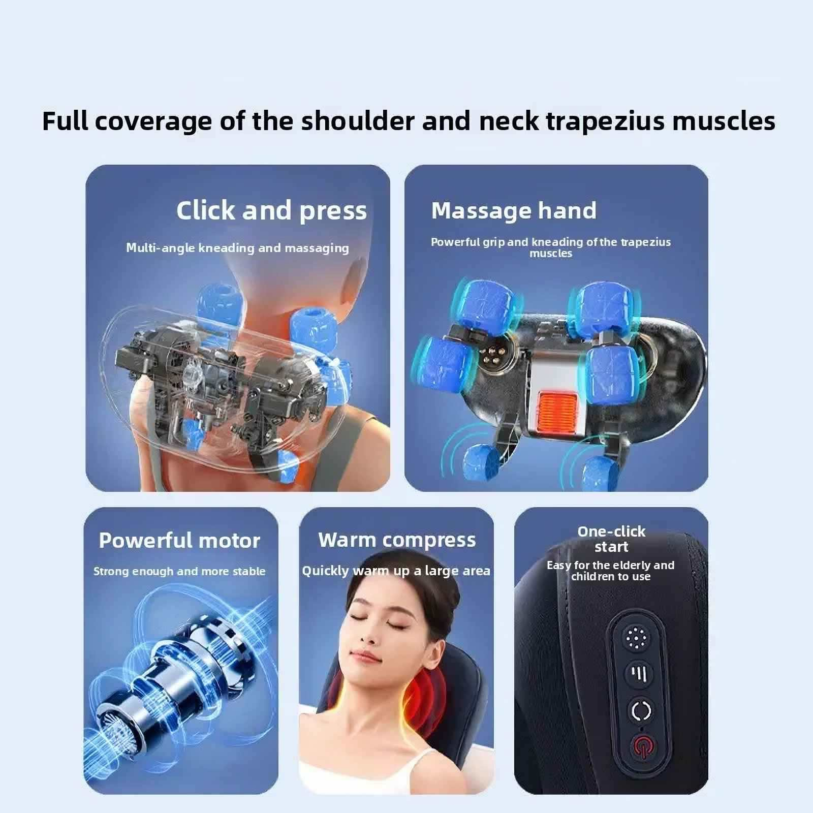 Das Bild zeigt ein Nacken- und Schultermassagegerät mit Funktionen wie Kneten, Wärme und einfachem One-Click-Start.