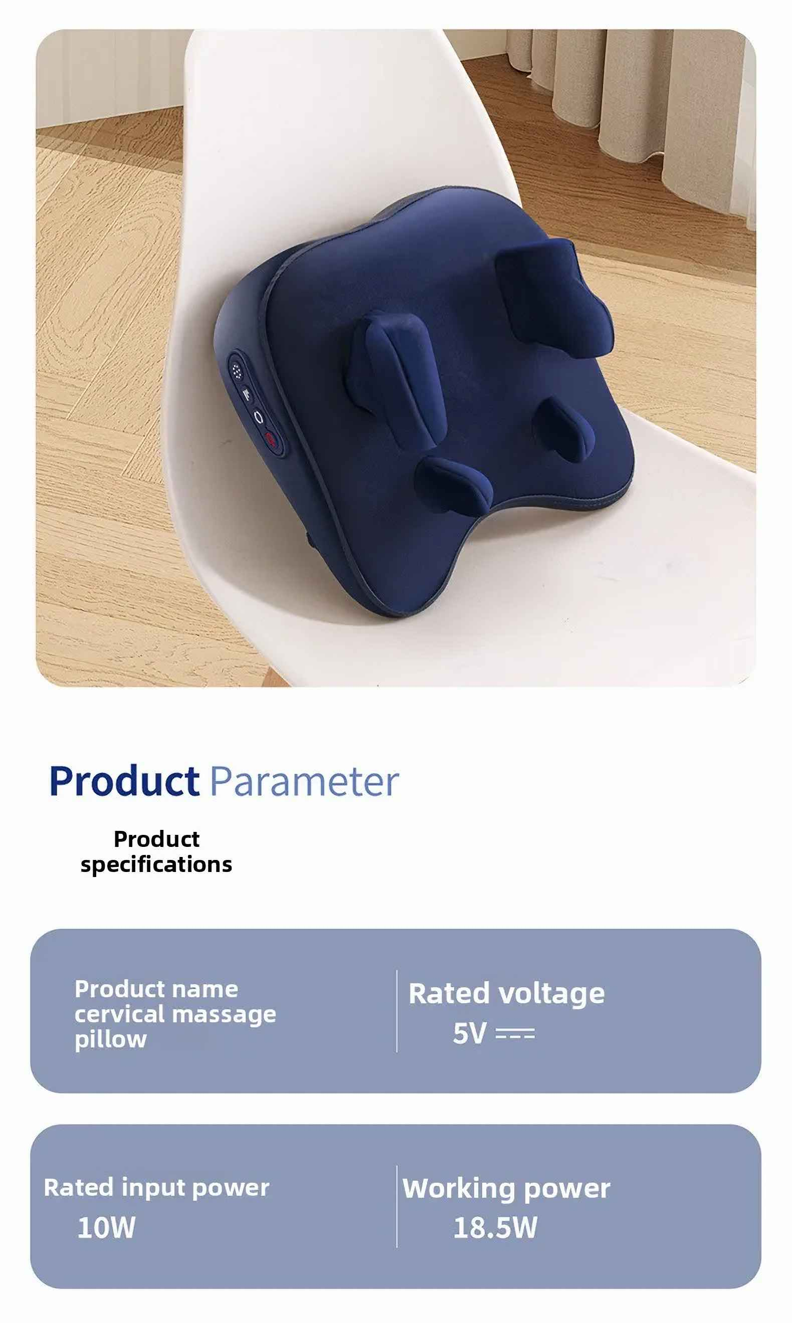 Ein dunkelblaues Nackenmassagekissen auf einem weißen Stuhl. Produktspezifikationen werden ebenfalls angezeigt.