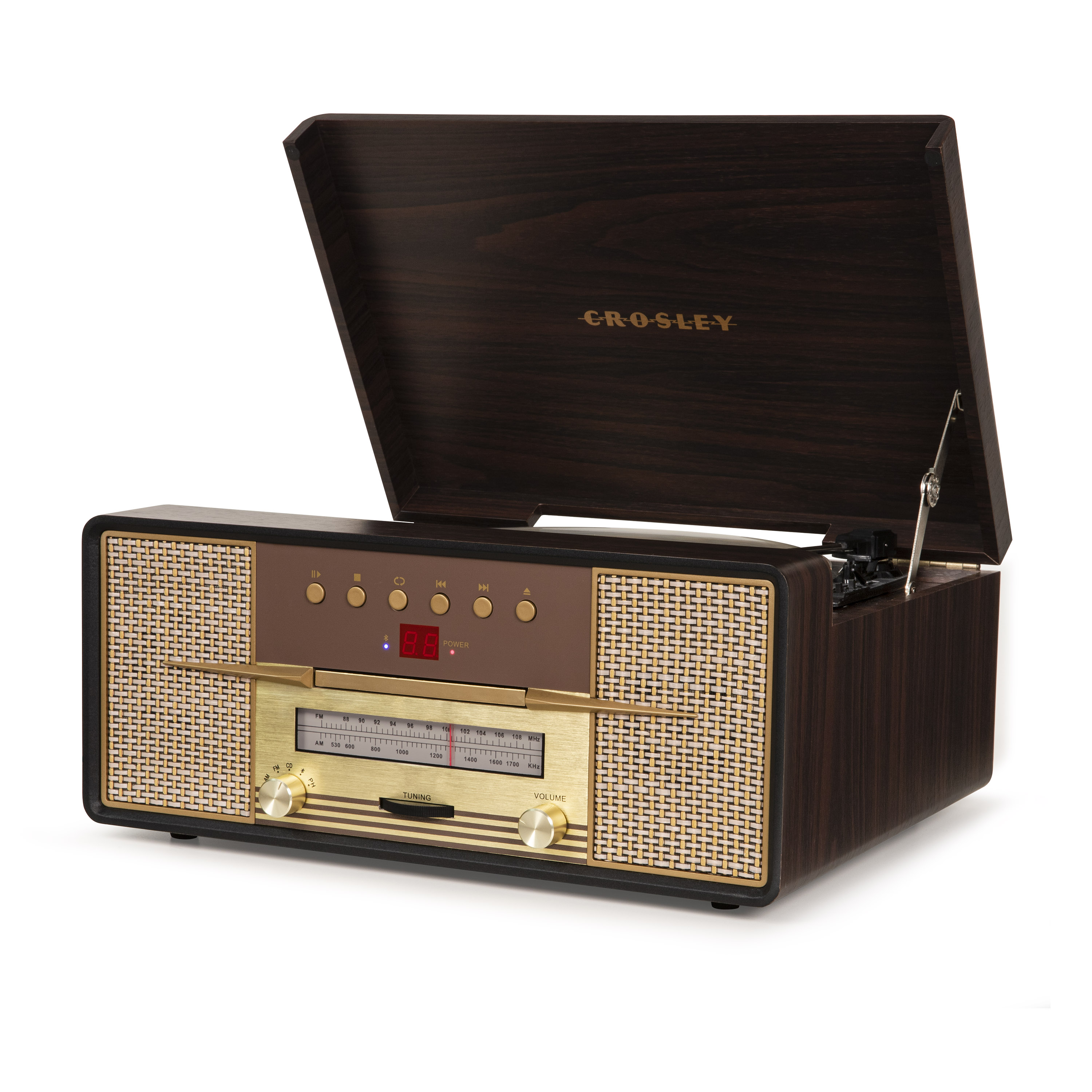 Ein Crosley-Plattenspieler mit Holzoberfläche, offenem Deckel und goldfarbenen Knöpfen und Akzenten. Er steht auf weißem Hintergrund.