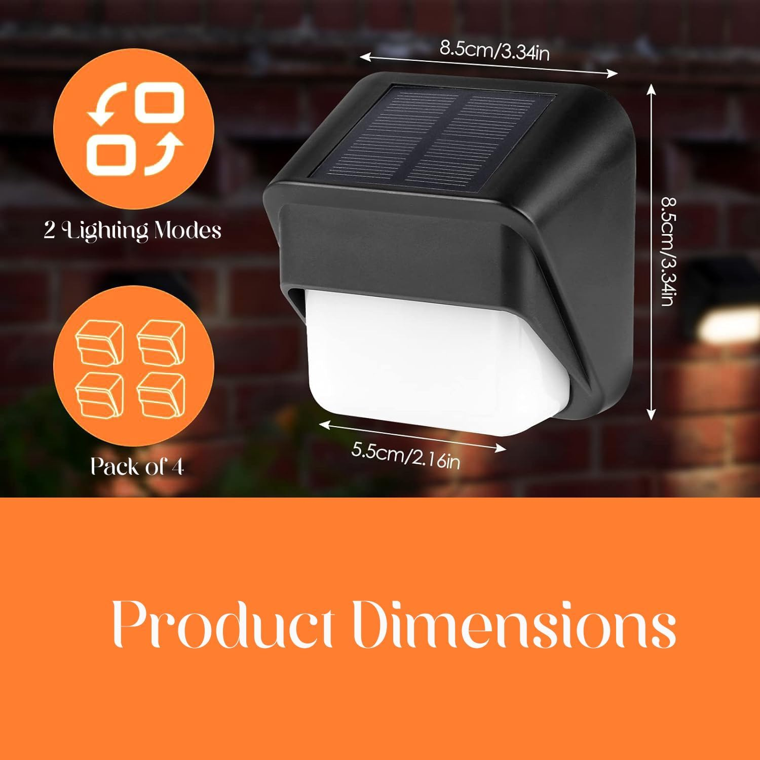Ein schwarzes Solarlicht mit Maßangaben. Details umfassen Beleuchtungsmodi, 4er-Pack und Produktabmessungen.