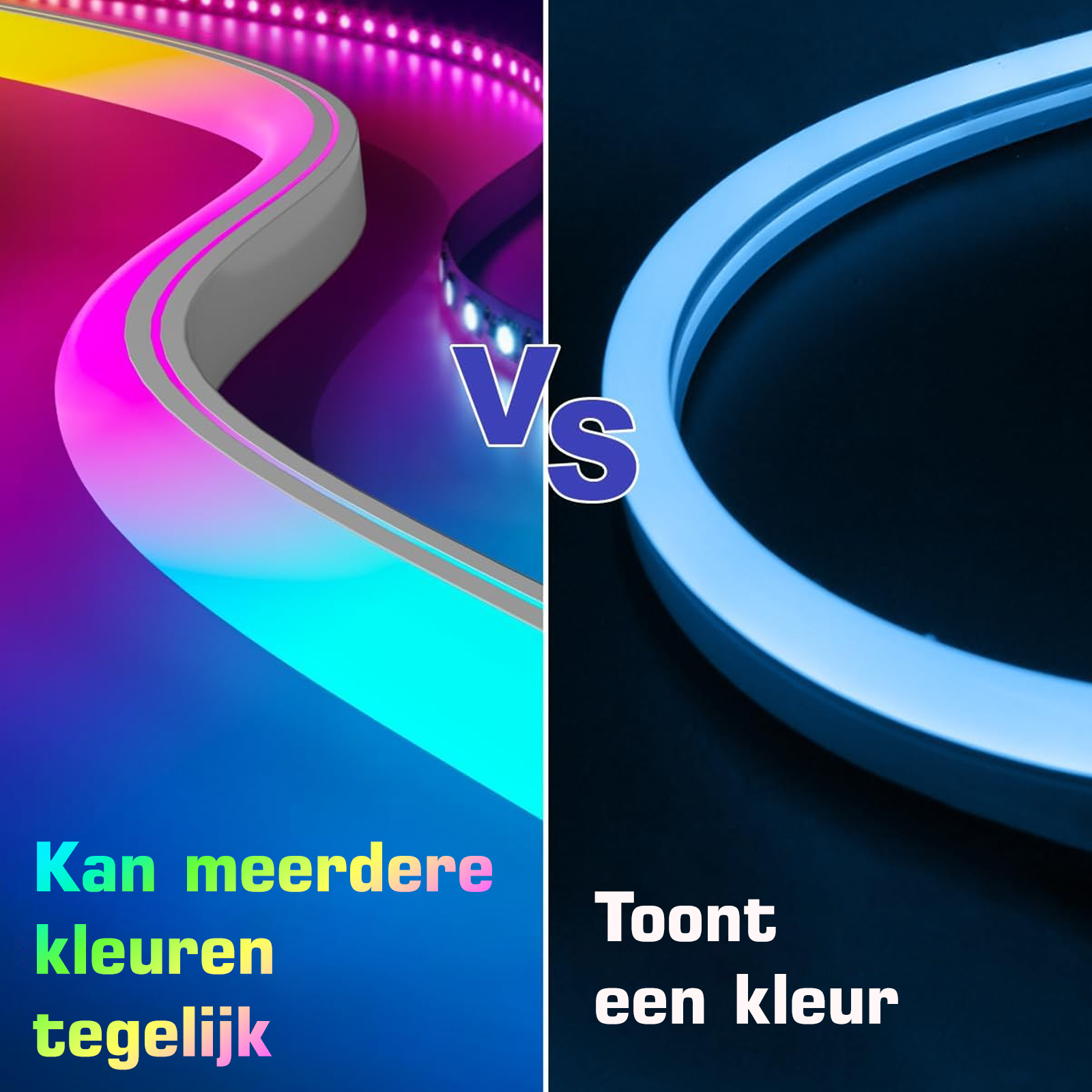 Das Bild zeigt zwei LED-Lichtstreifen. Einer zeigt mehrere Farben; der andere zeigt eine Farbe. Text hebt den Unterschied hervor.