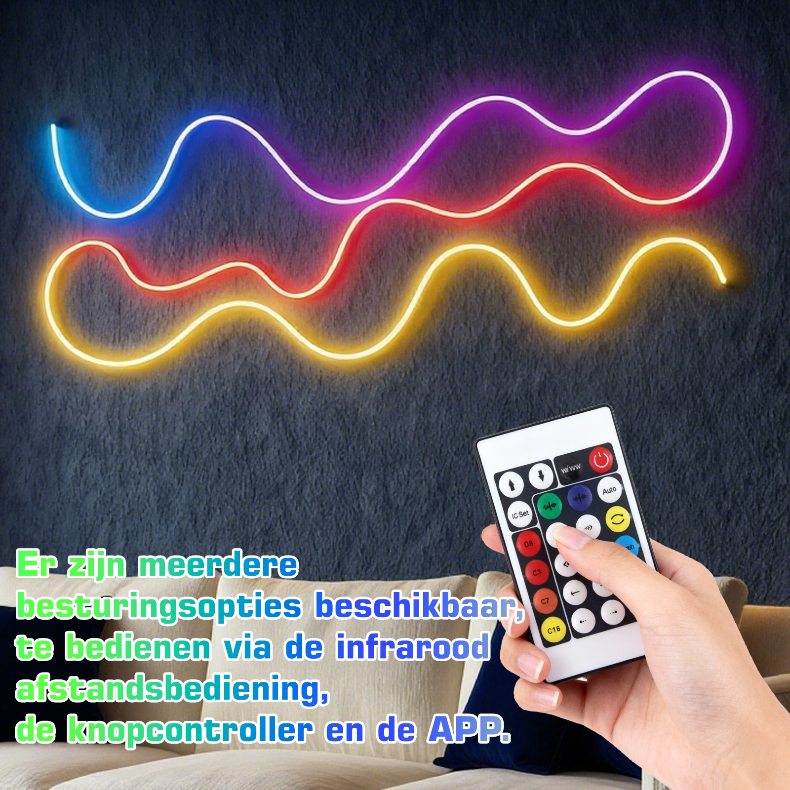 Das Bild zeigt drei Neon-Lichtstreifen in Blau, Lila und Gelb. Eine Fernbedienung wird davor gehalten. Text auf Niederländisch.