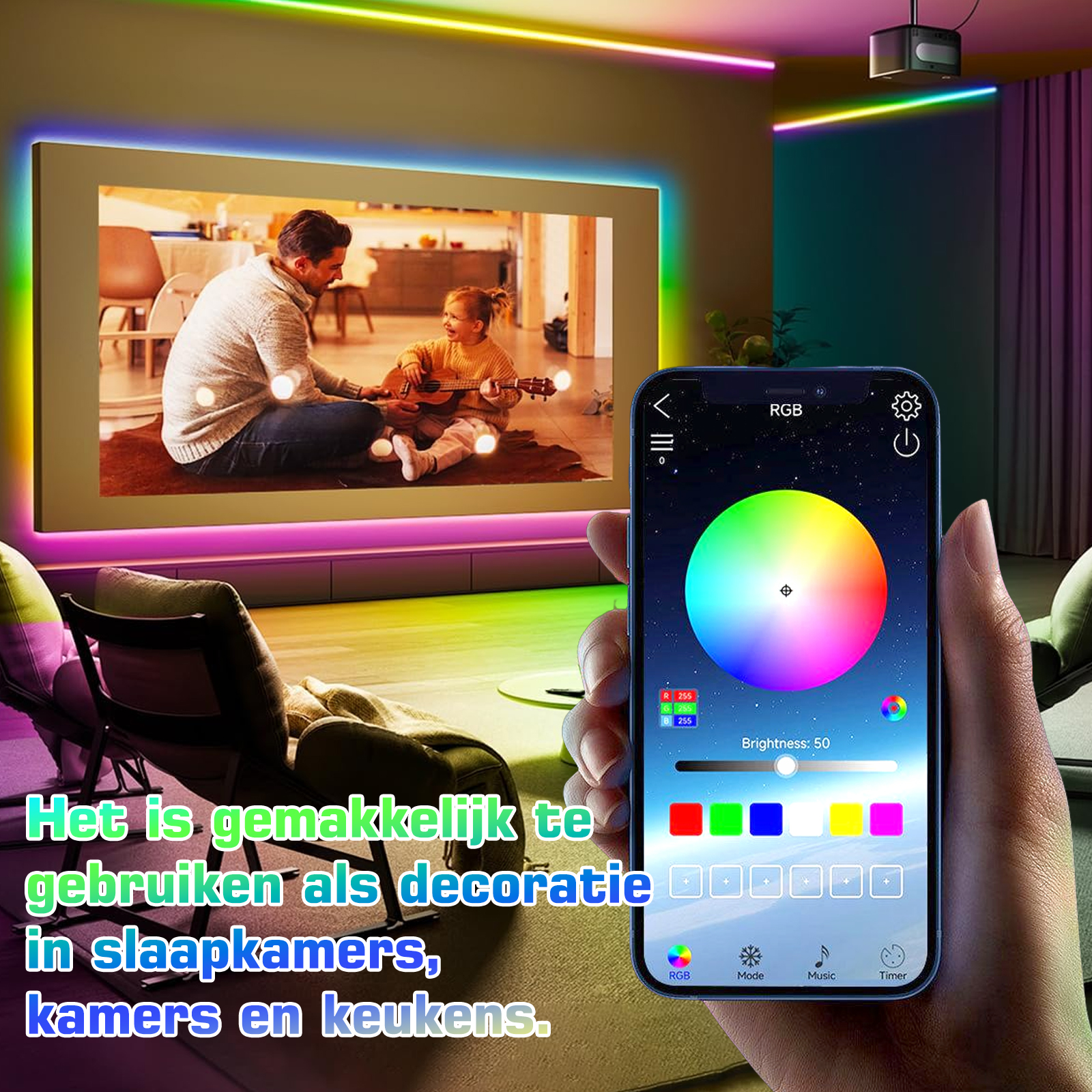 Ein Mann und ein Mädchen spielen Gitarre in einem gerahmten Bild. Ein Telefon zeigt ein RGB-Farbrad. Bunte Lichter sind an.