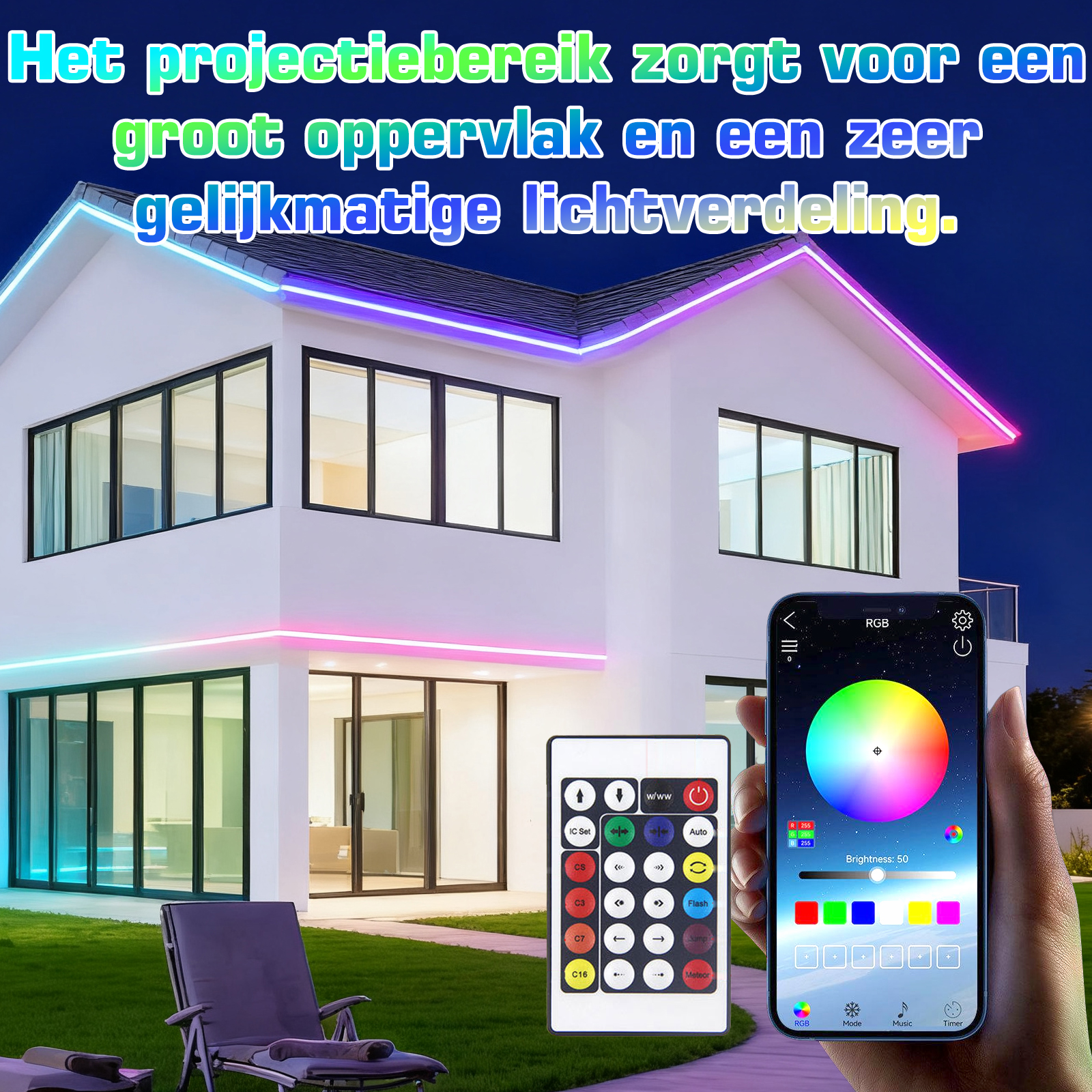 Ein modernes Haus mit bunten LED-Leuchten. Ein Telefon zeigt ein Farbrad. Eine Fernbedienung ist im Vordergrund.