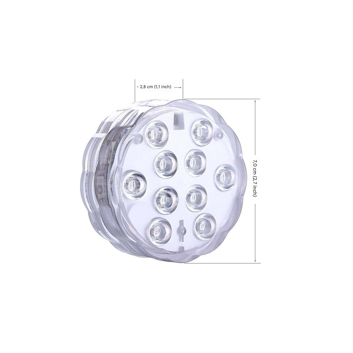 Eine klare, runde LED-Leuchte mit mehreren kleinen Lichtern. Die Abmessungen sind beschriftet: 7,0 cm und 2,8 cm. Isoliert auf weißem Hintergrund.