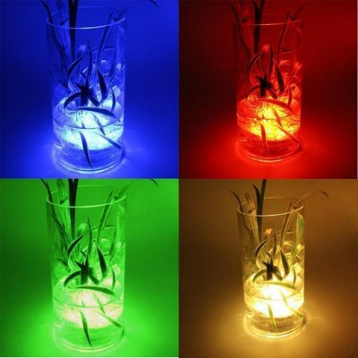 Vier Bilder zeigen eine Vase mit Pflanzen und Wasser, die von blauem, rotem, grünem und gelbem Licht beleuchtet wird. Die Vase ist aus klarem Glas.