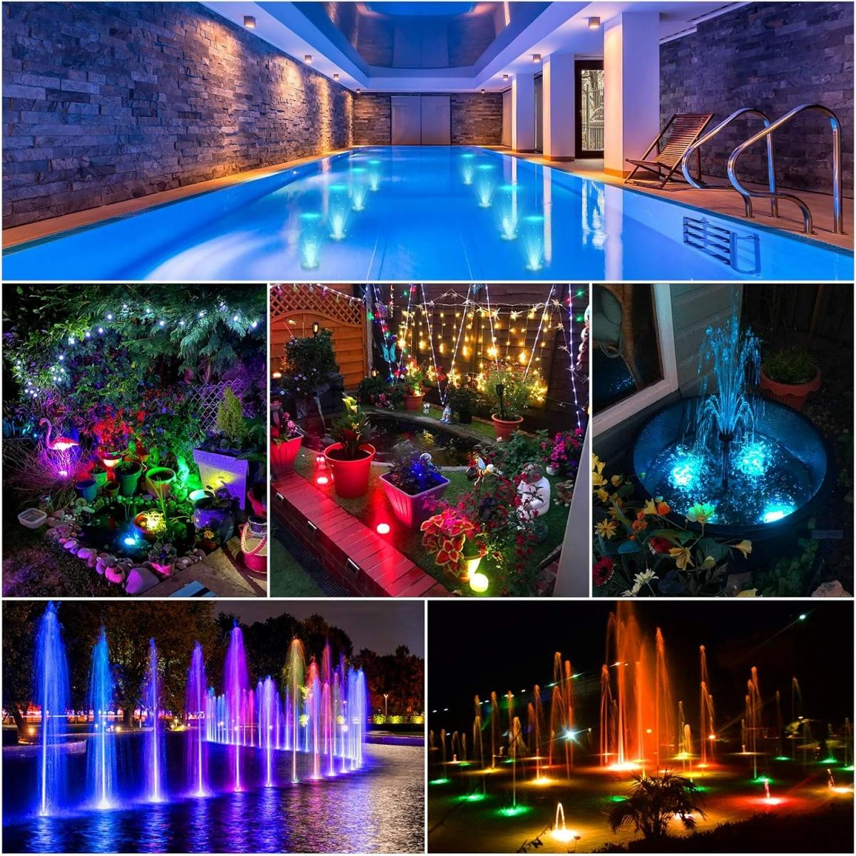 Eine Collage mit beleuchteten Springbrunnen und Pools. Enthält Innenpool, Garten mit Lichtern und farbenfrohe Wasserspiele.