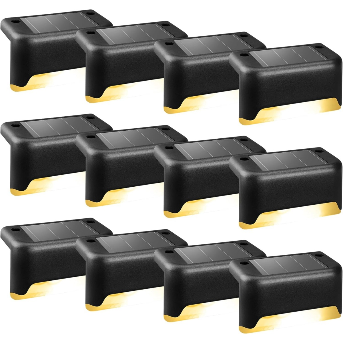 Neun schwarze Solarleuchten mit goldenen Akzenten sind in drei Reihen angeordnet. Jede Leuchte hat ein Solarpanel oben und einen leuchtenden Boden.
