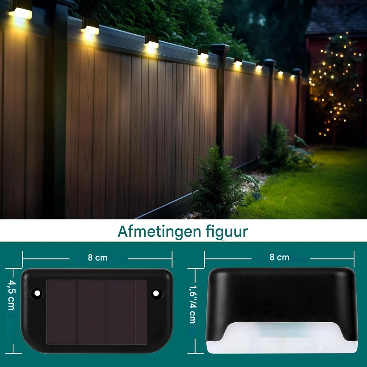 Ein Holzzaun mit Solarleuchten. Grünes Gras und ein Baum mit Lichtern im Hintergrund. Abmessungen der Lichter werden angezeigt.