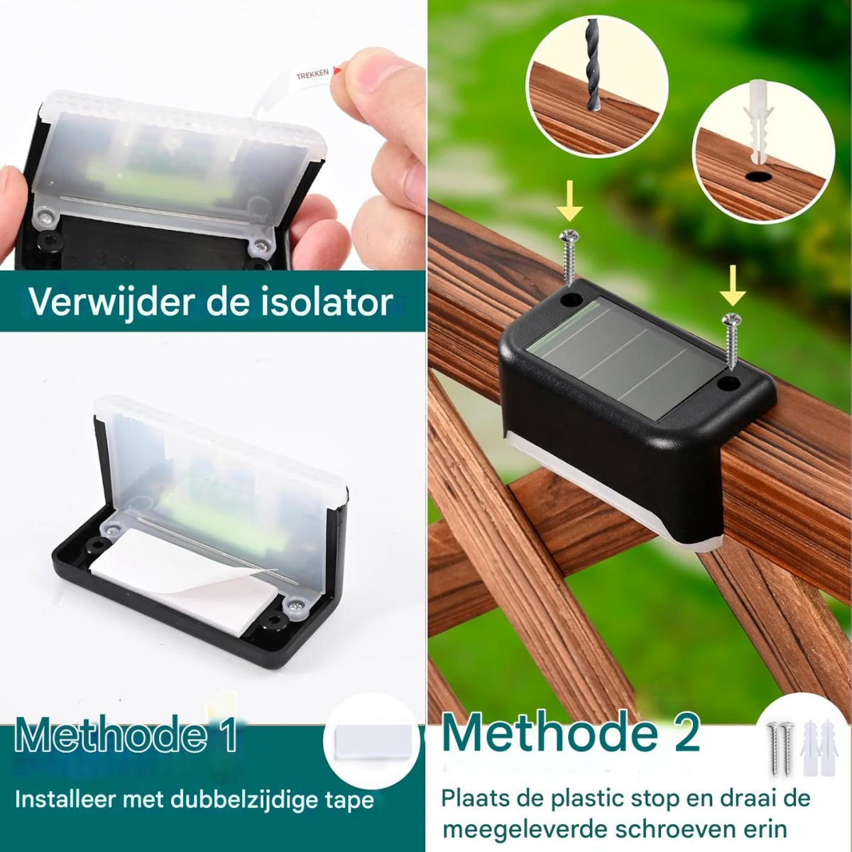 Anleitung zur Installation einer Solarlampe. Methode 1 zeigt doppelseitiges Klebeband, Methode 2 Schrauben und Kunststoffstopper.