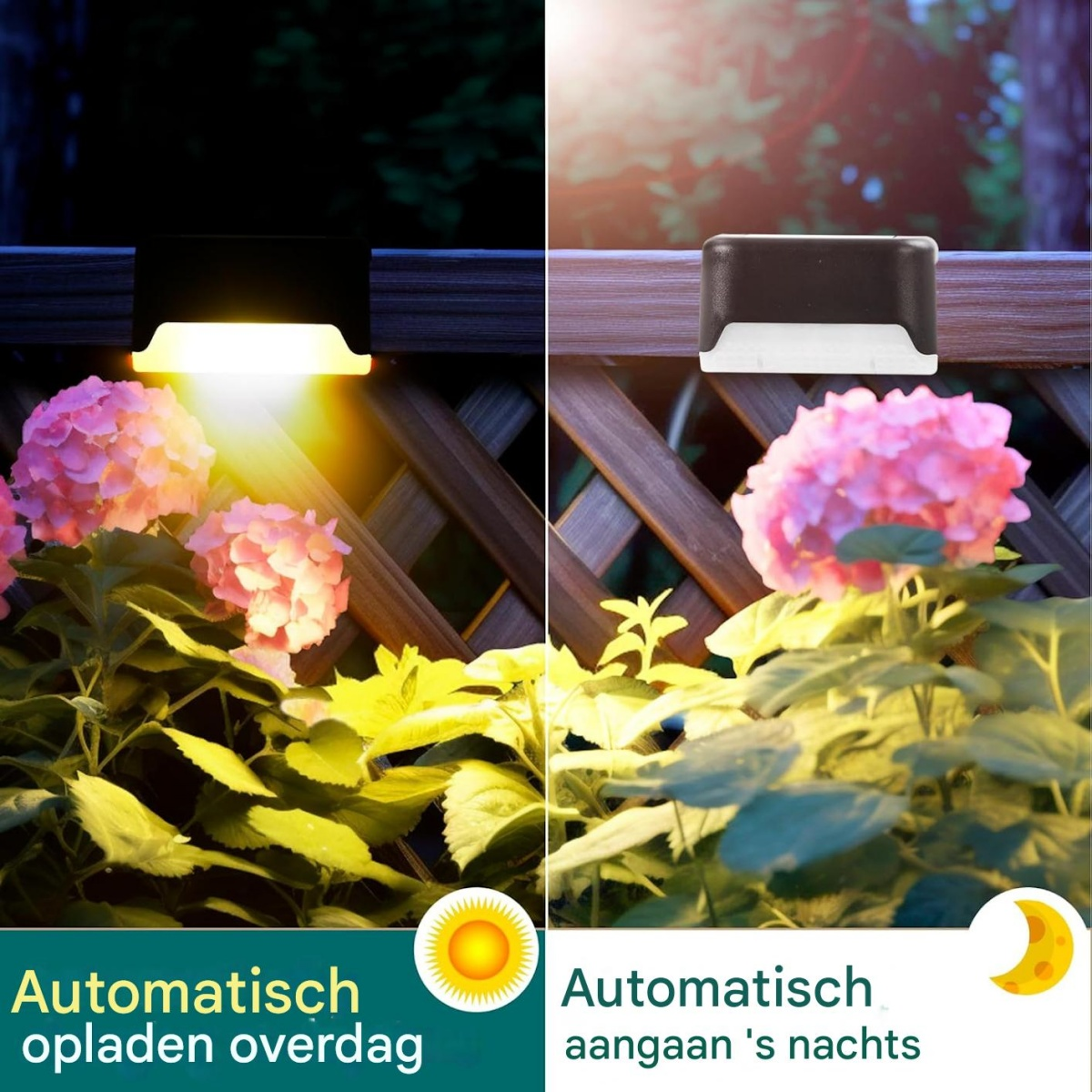 Ein geteiltes Bild zeigt eine Solarleuchte an einem Zaun. Linke Seite beleuchtet, rechte Seite unbeleuchtet. Pinke Blumen und grüne Blätter im Vordergrund.