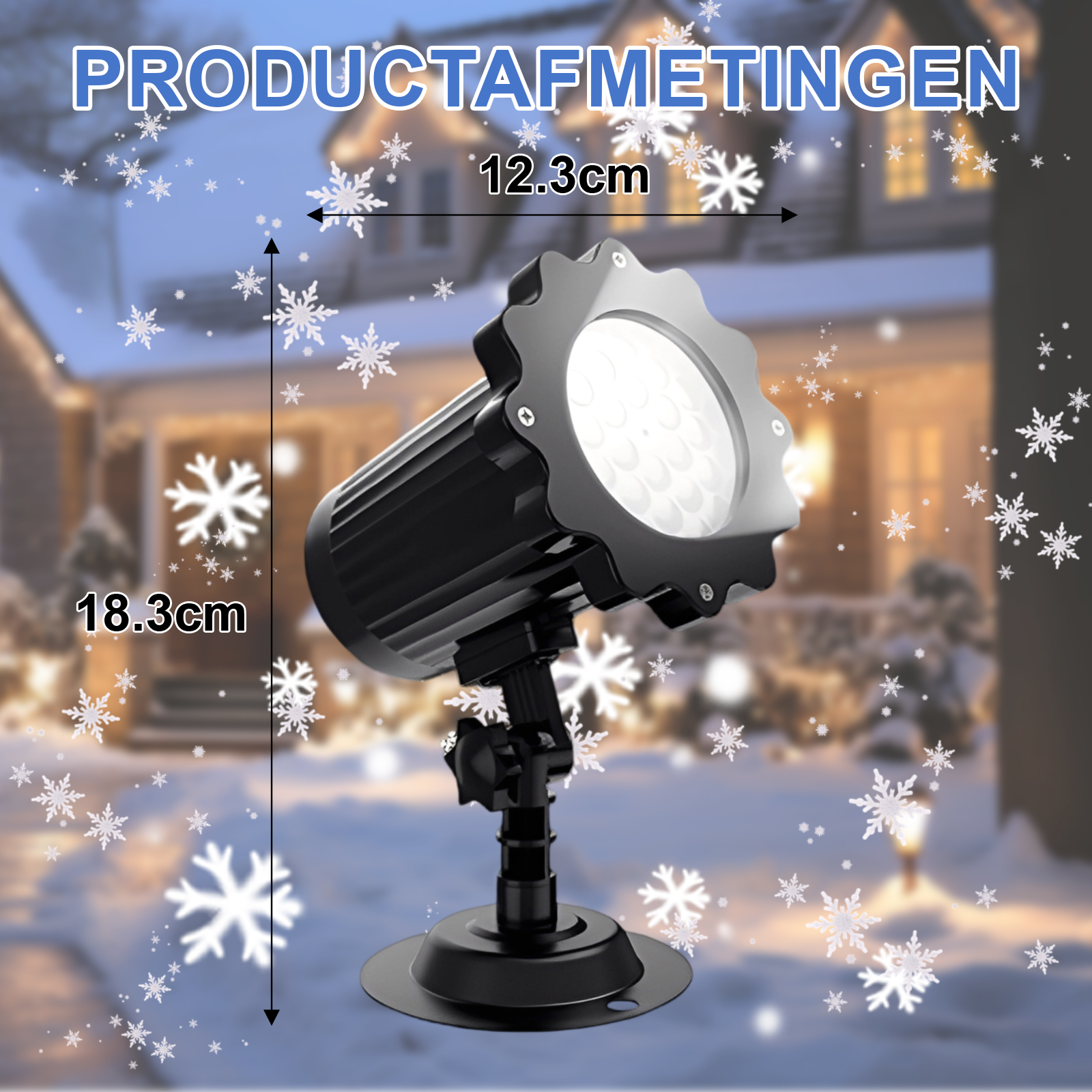 Schwarzer Projektor mit Schneeflockenlichtern, Abmessungen 12,3 cm und 18,3 cm. Schneeflocken im Hintergrund.