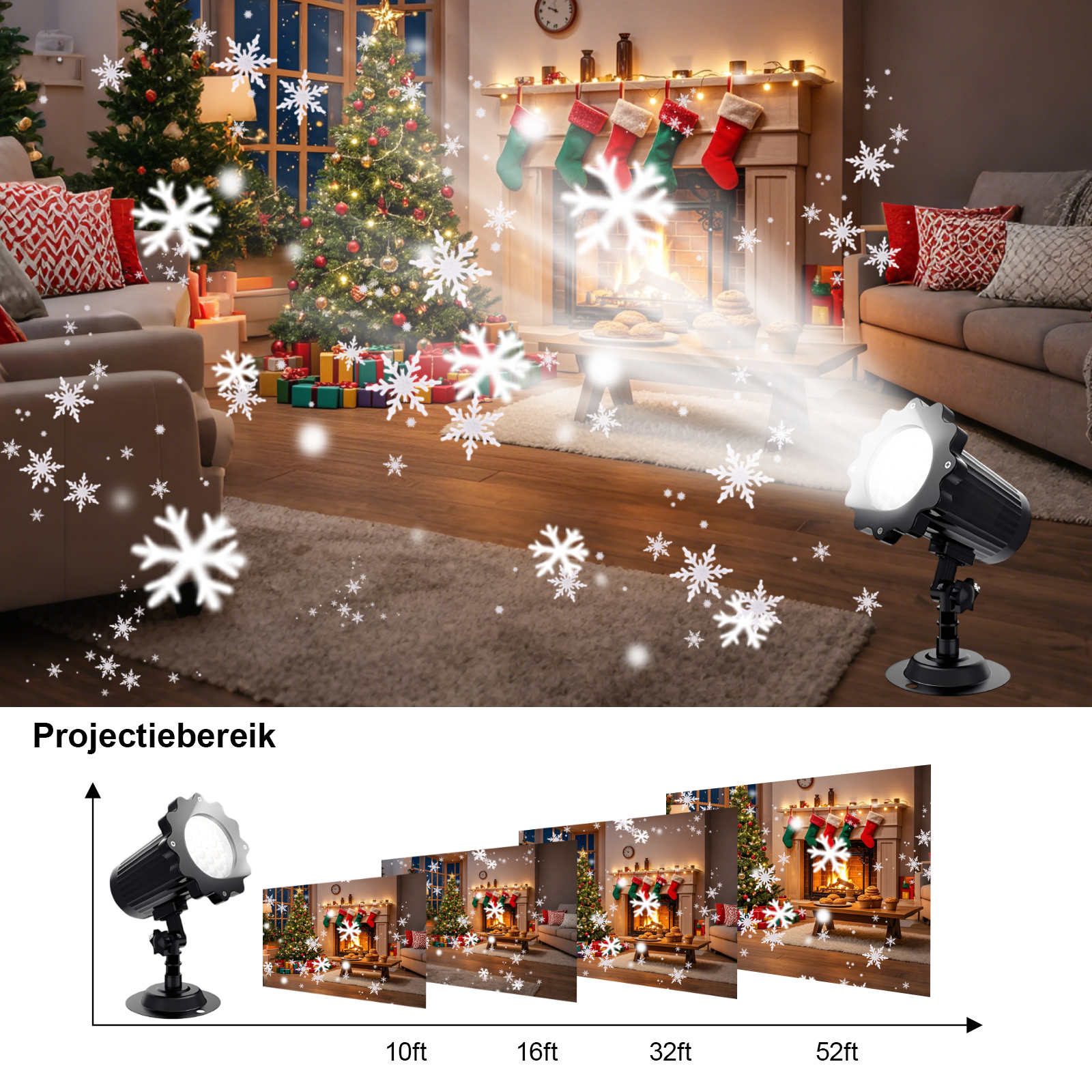 Eine Weihnachtsszene. Ein Projektor strahlt Schneeflockenlicht aus. Weihnachtsbaum, Kamin und Geschenke sind vorhanden.