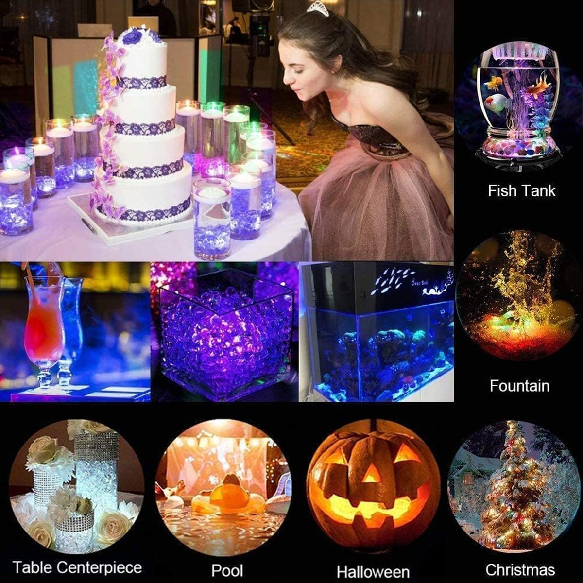 Ein Bild mit mehreren Szenen. Ein Kuchen, eine Frau, ein Aquarium, ein Brunnen, Dekorationen, ein Pool, ein Kürbis und ein Weihnachtsbaum sind sichtbar.