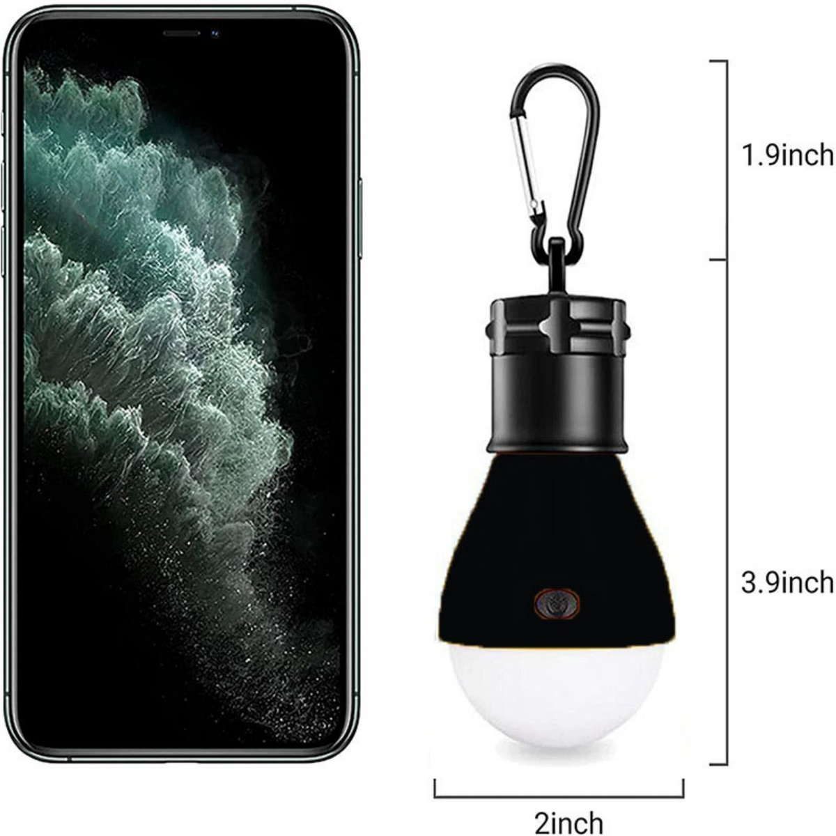 Eine schwarze Campinglampe mit Karabiner neben einem Telefon. Die Lampe ist 3,9 Zoll und 2 Zoll breit.