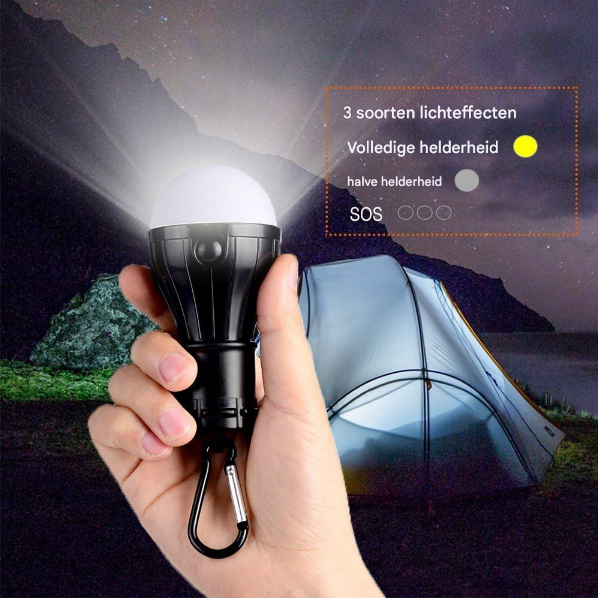 Eine Hand hält eine schwarze Lampe. Im Hintergrund ist ein Zelt. Text zeigt Lichtmodi: voll, halb und SOS.